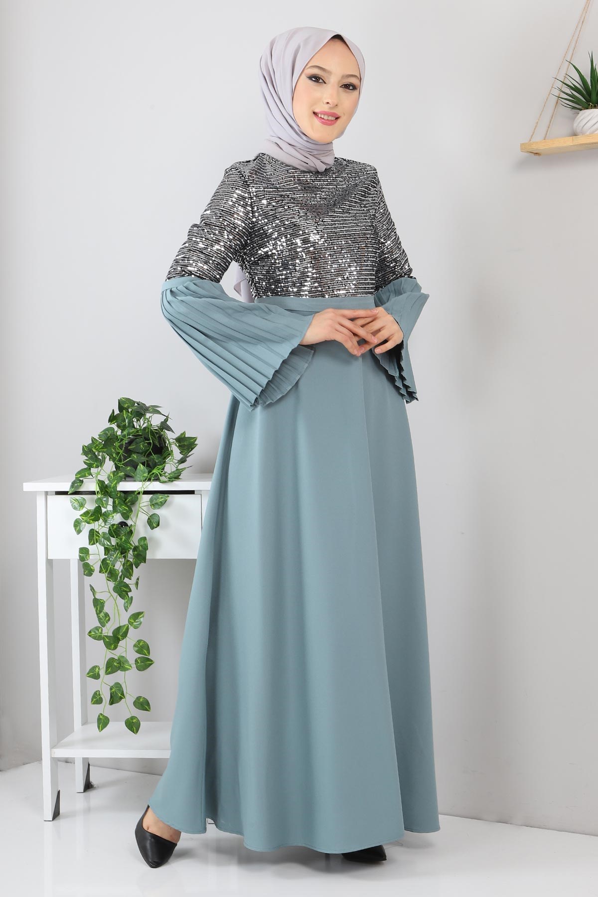 Piliseli Pulpayetli Abiye Mint 8315