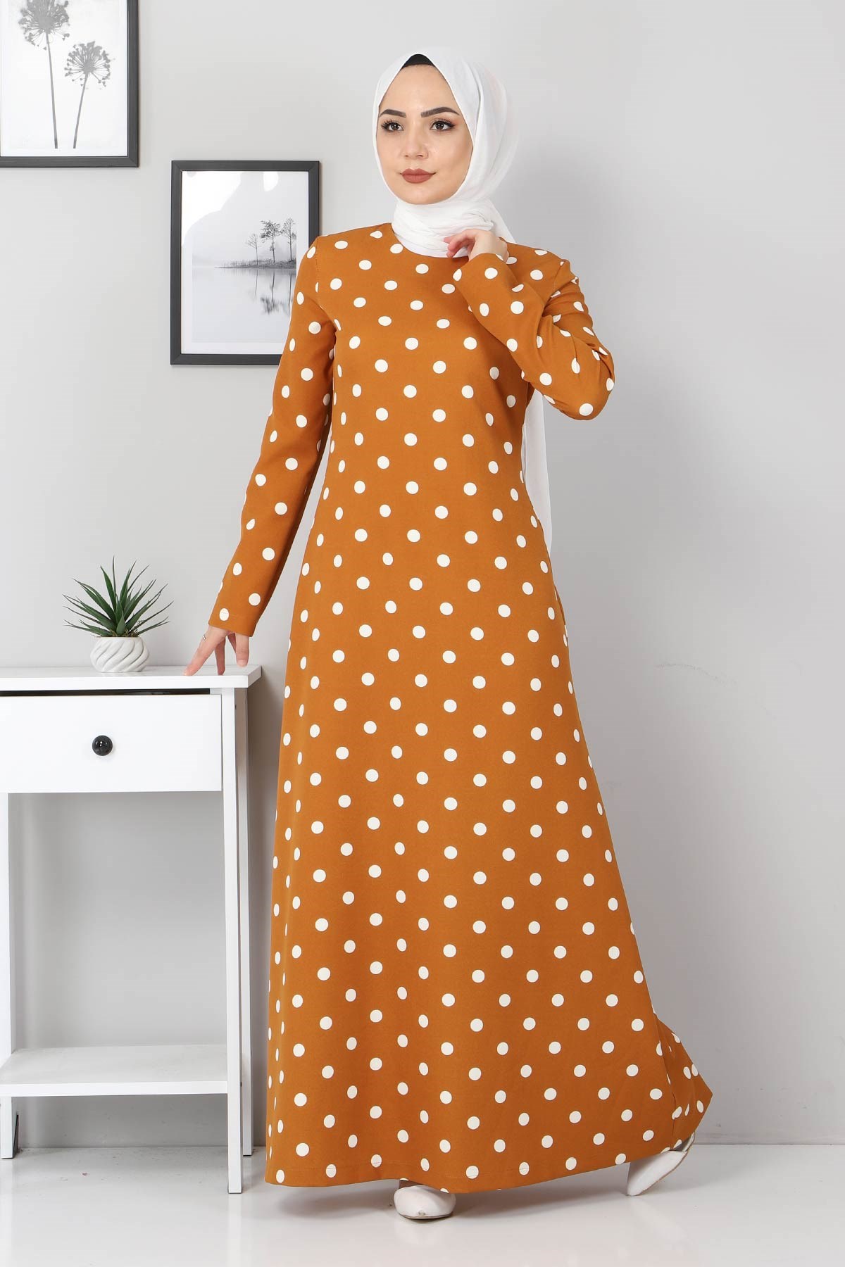 Puantiyeli Elbise Taba 8927