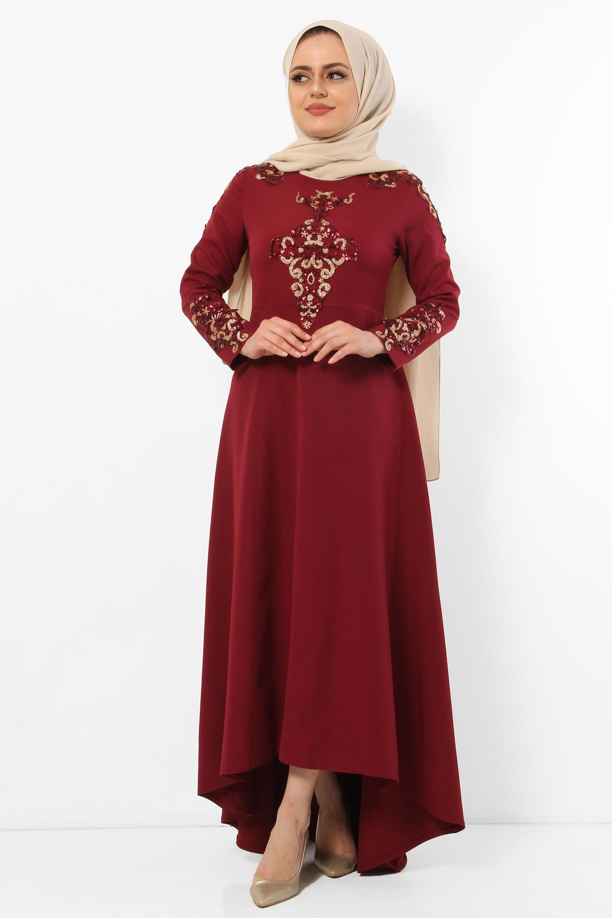 Pulpayet İşlemeli Tesettür Elbise Bordo Bordo 8416-1