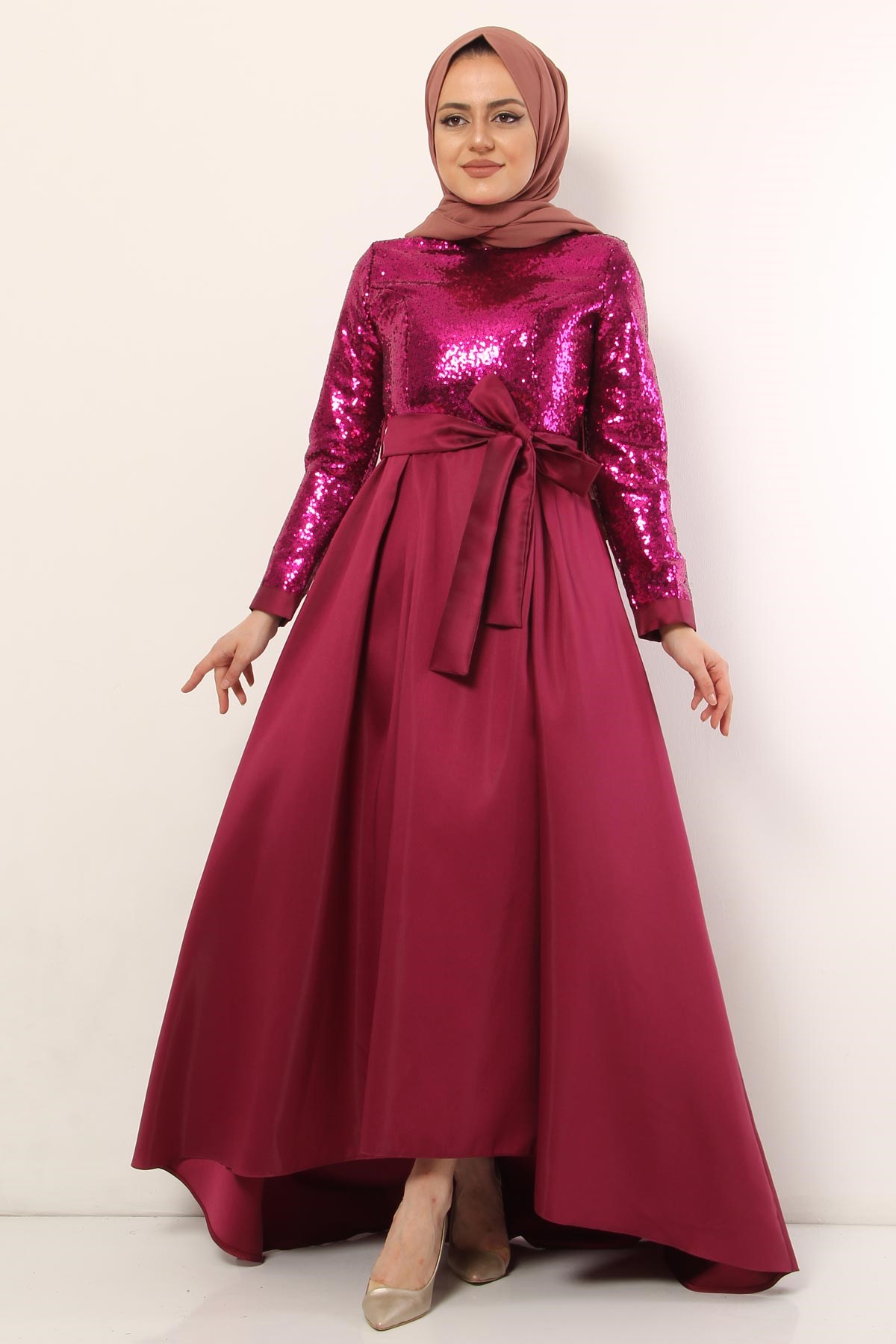 Pulpayetli Peplum Tesettür Abiye Şarabi 8737