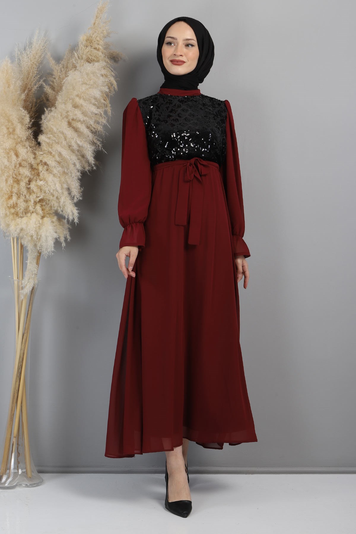 Pulpayetli Şifon Abiye Bordo 15600