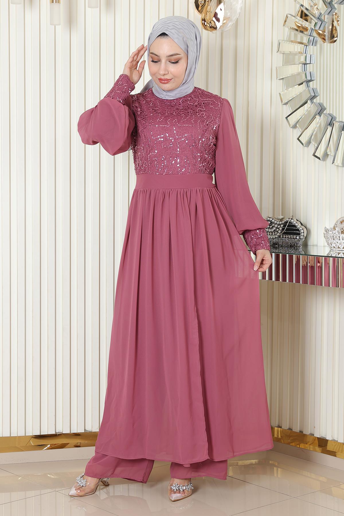 Pulpayetli Şifon Takım Gül Kurusu Gül Kurusu MSW19190-3