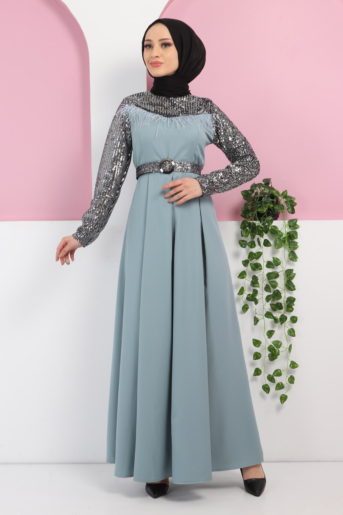 Pulpayetli Tüylü Abiye Mint 8040