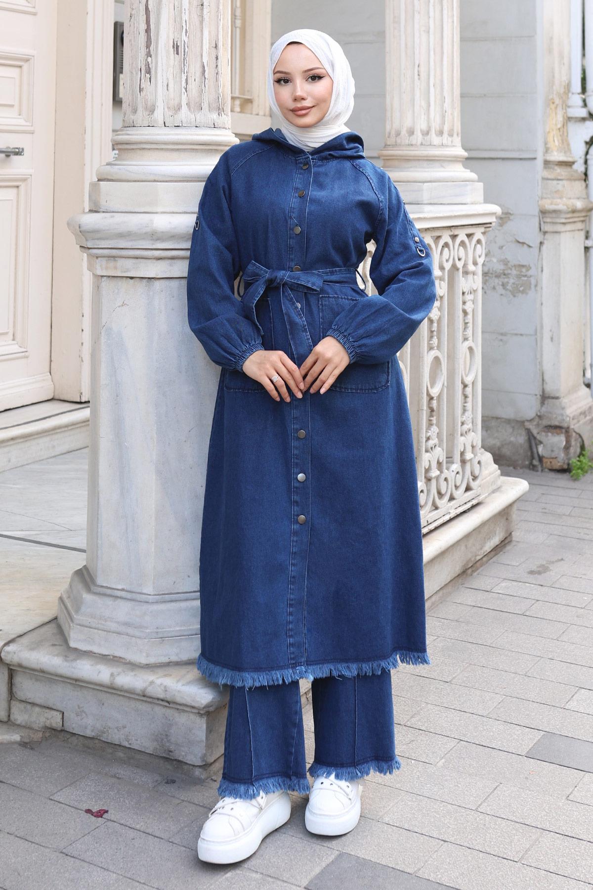 Püskül Detaylı Kot Takım Koyu Mavi 19375
