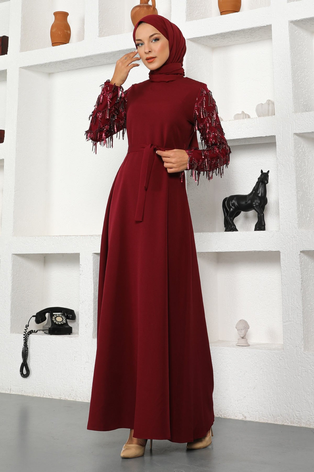Saçak Detaylı Elbise Bordo 8818