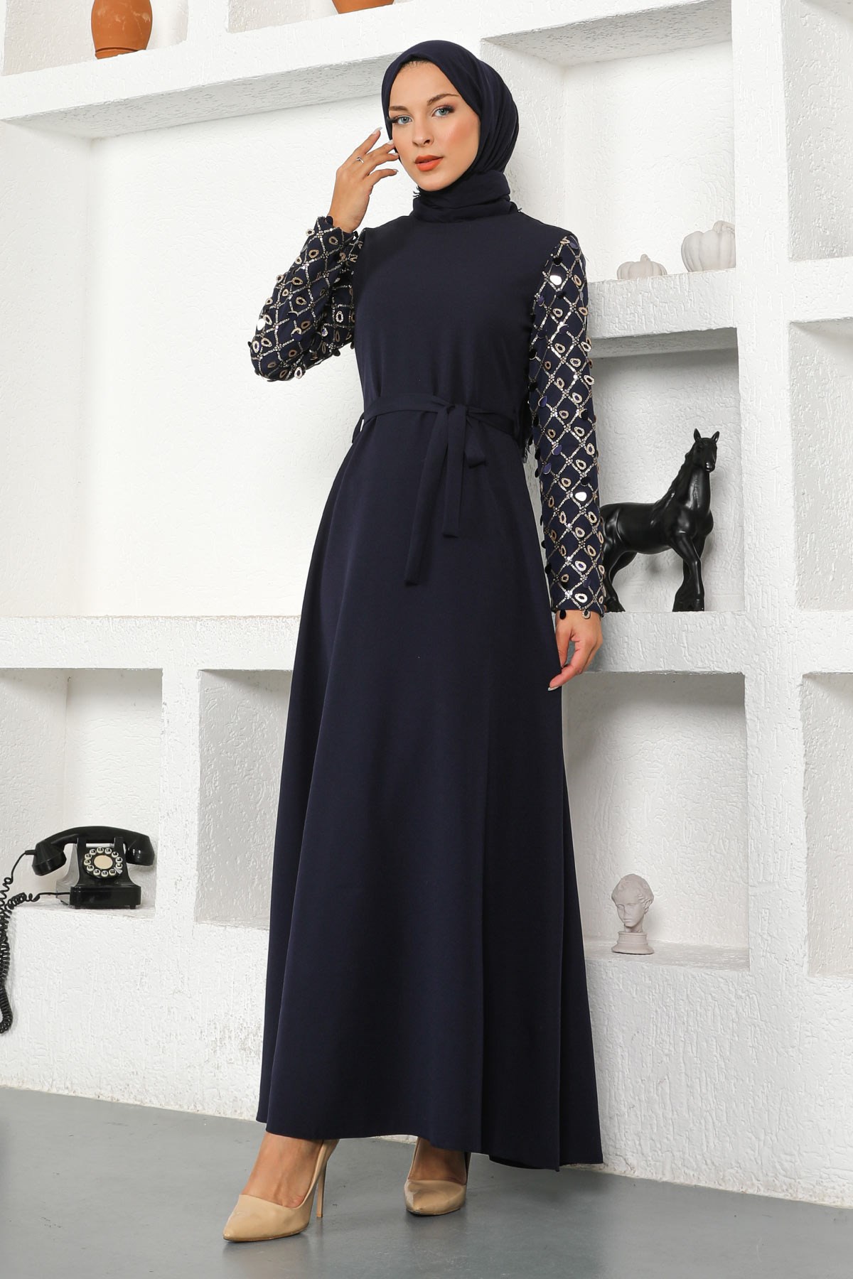 Saçak Detaylı Elbise Lacivert 8818