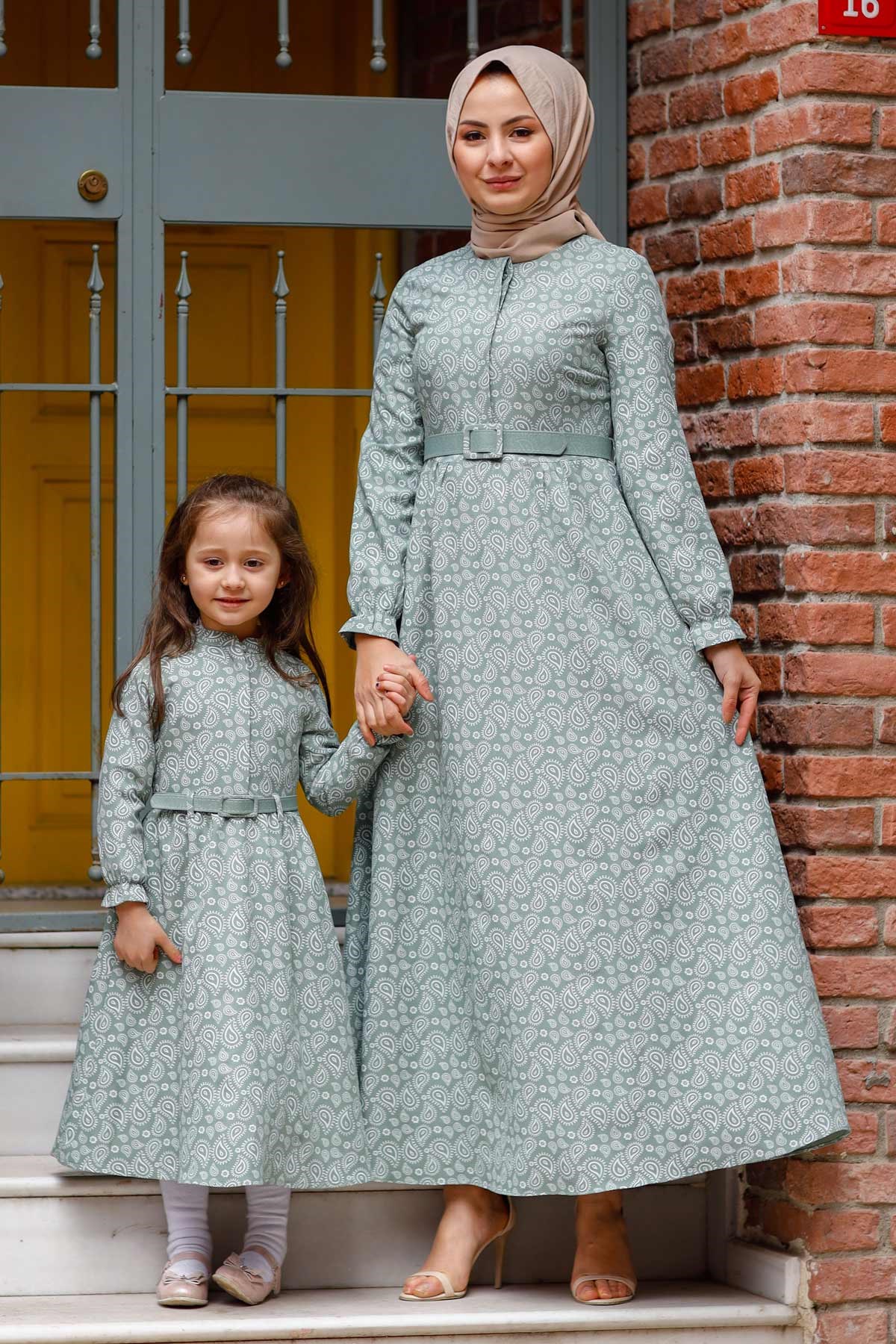 Şal Desenli Anne Elbise Mint 10623