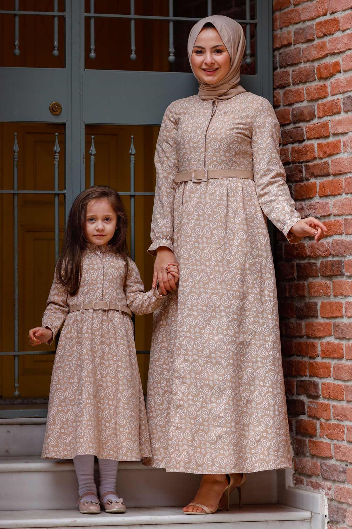 Şal Desenli Çocuk Elbise Krem 10624