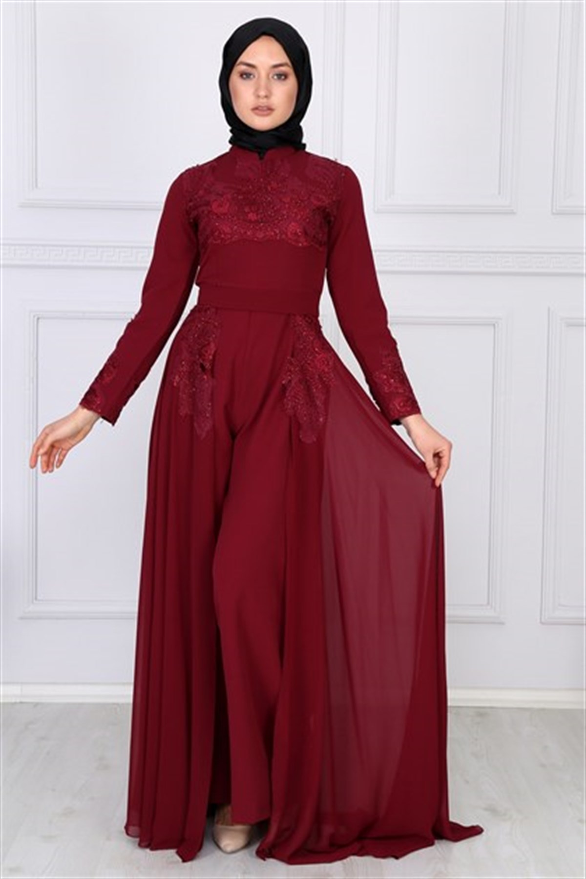Şal Detaylı Tesettür Abiye Bordo Bordo 9304-2-48