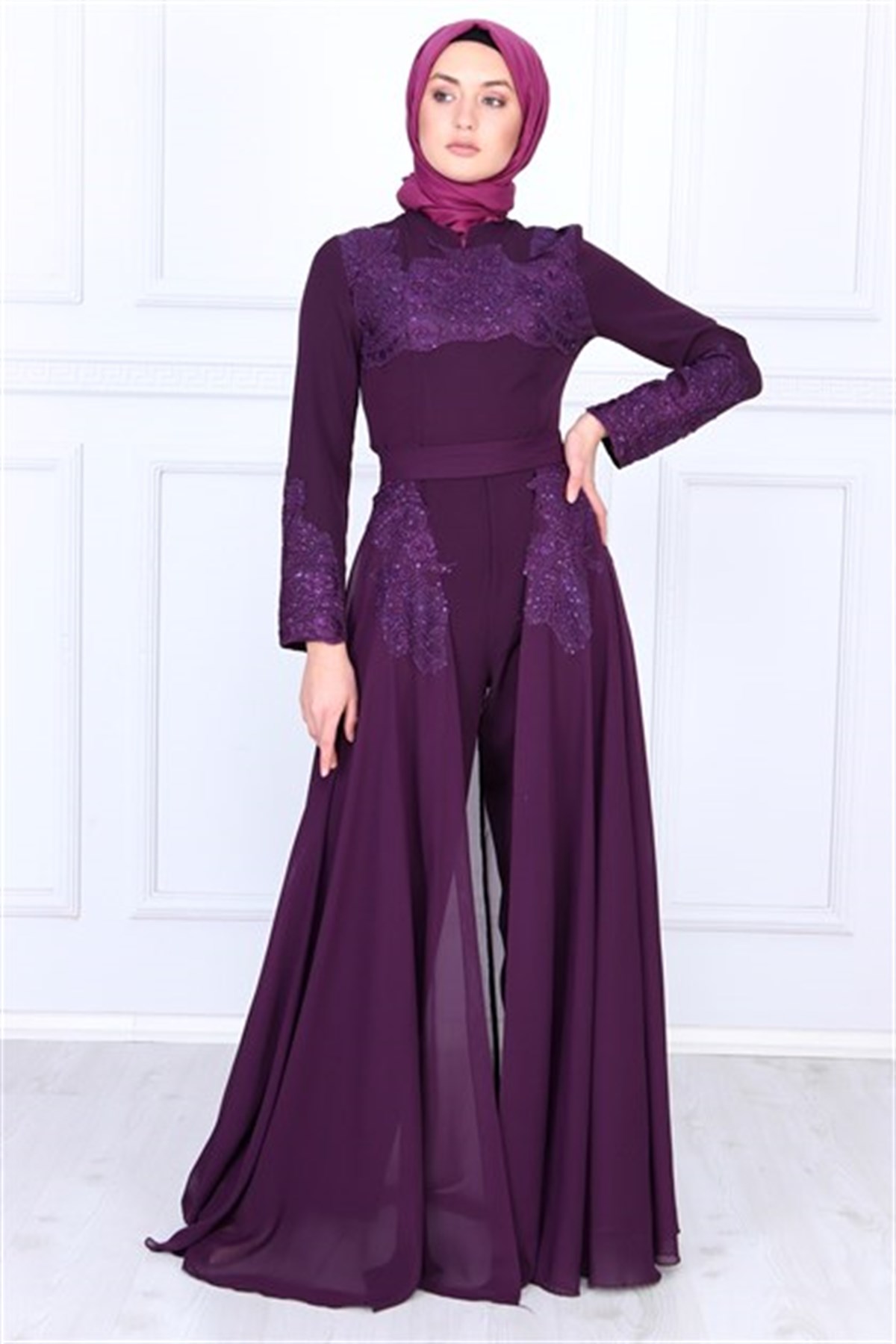 Şal Detaylı Tesettür Abiye Mürdüm Mürdüm 9304-3-46