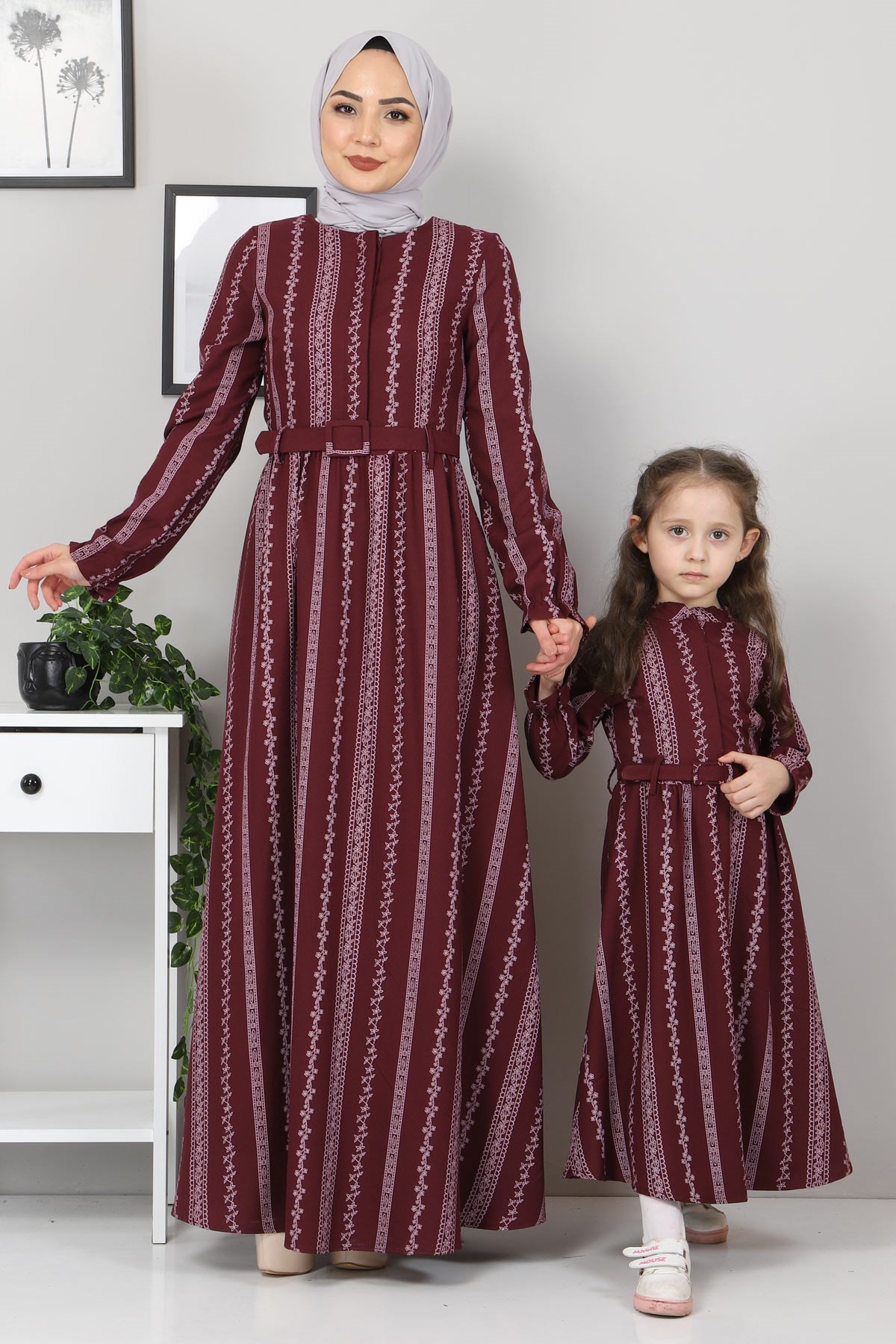 Şerit Çiçekli Anne Elbise Mürdüm 10434