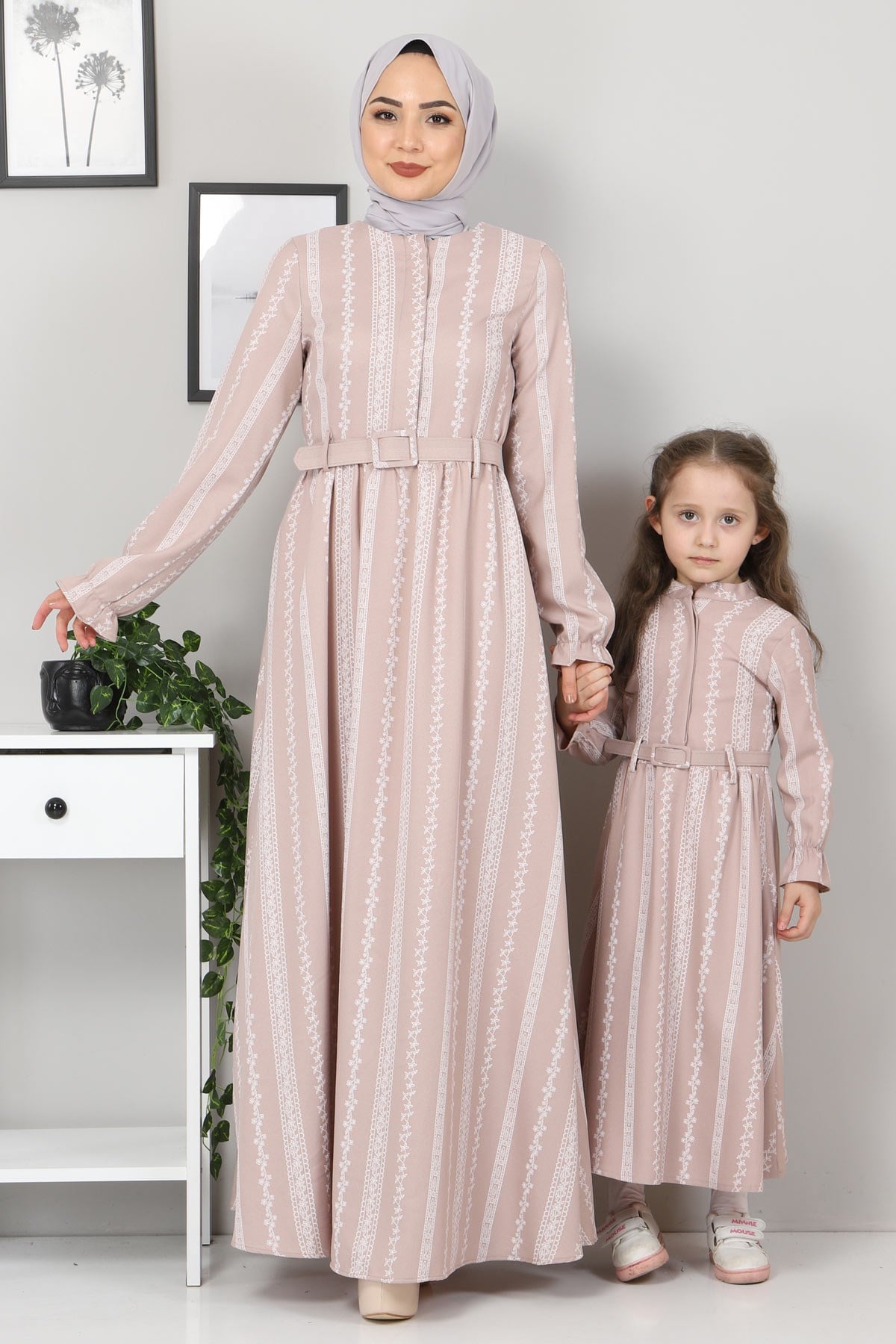 Şerit Çiçekli Anne Elbise Vizon 10434