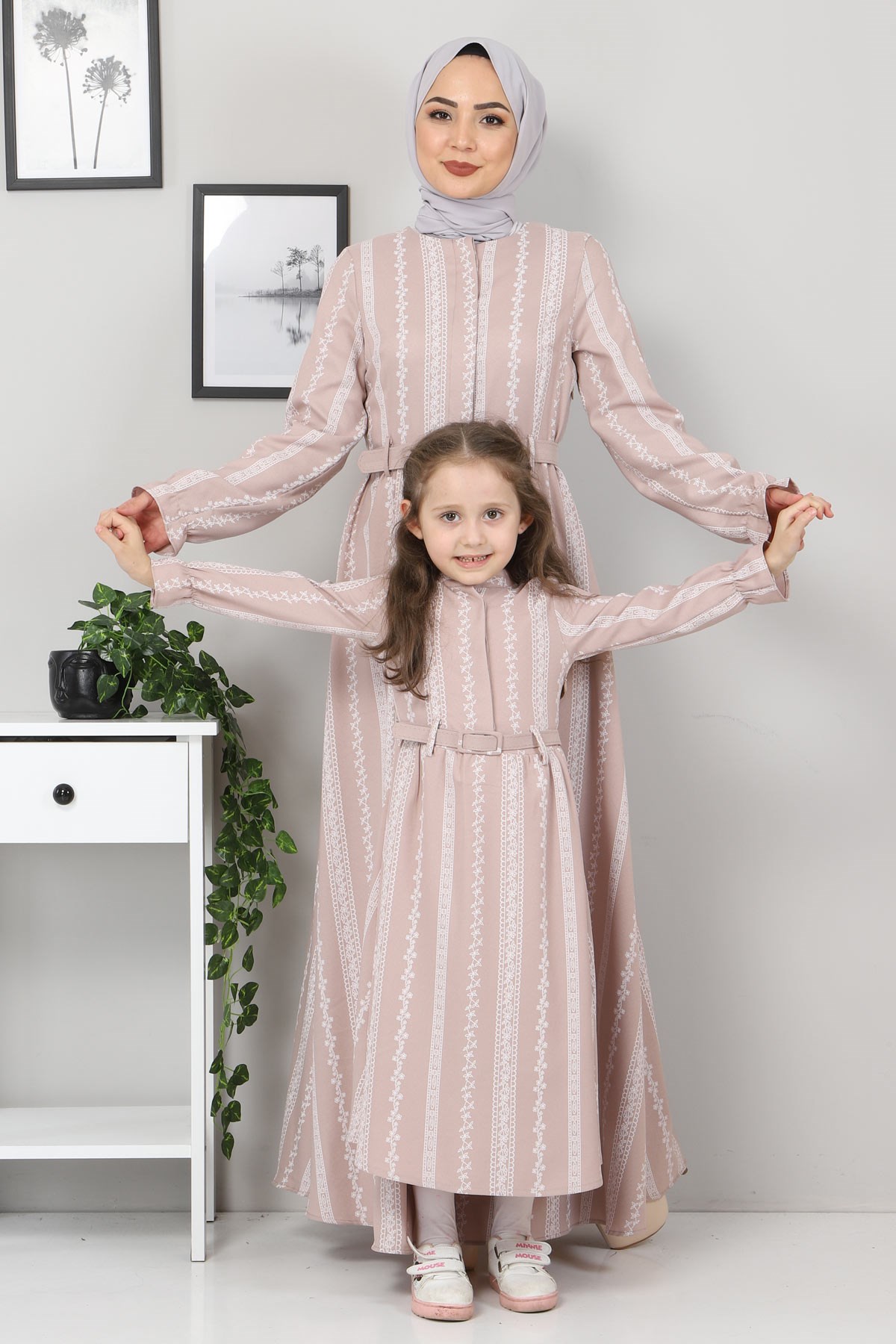 Şerit Çiçekli Çocuk Elbise Bej 10435