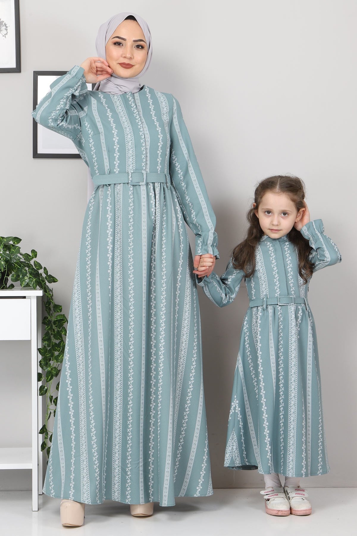 Şerit Çiçekli Çocuk Elbise Mint 10435