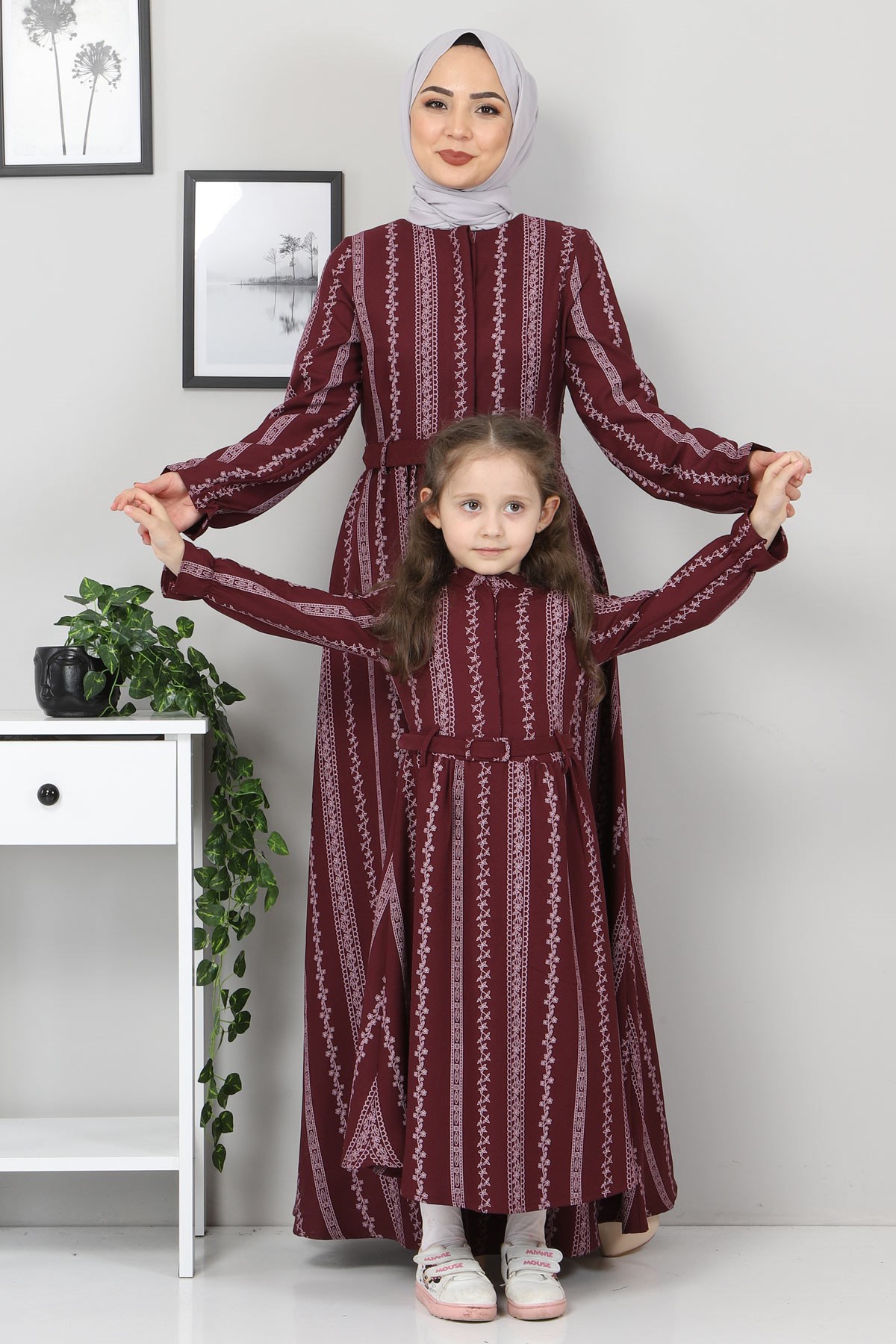 Şerit Çiçekli Çocuk Elbise Mürdüm 10435