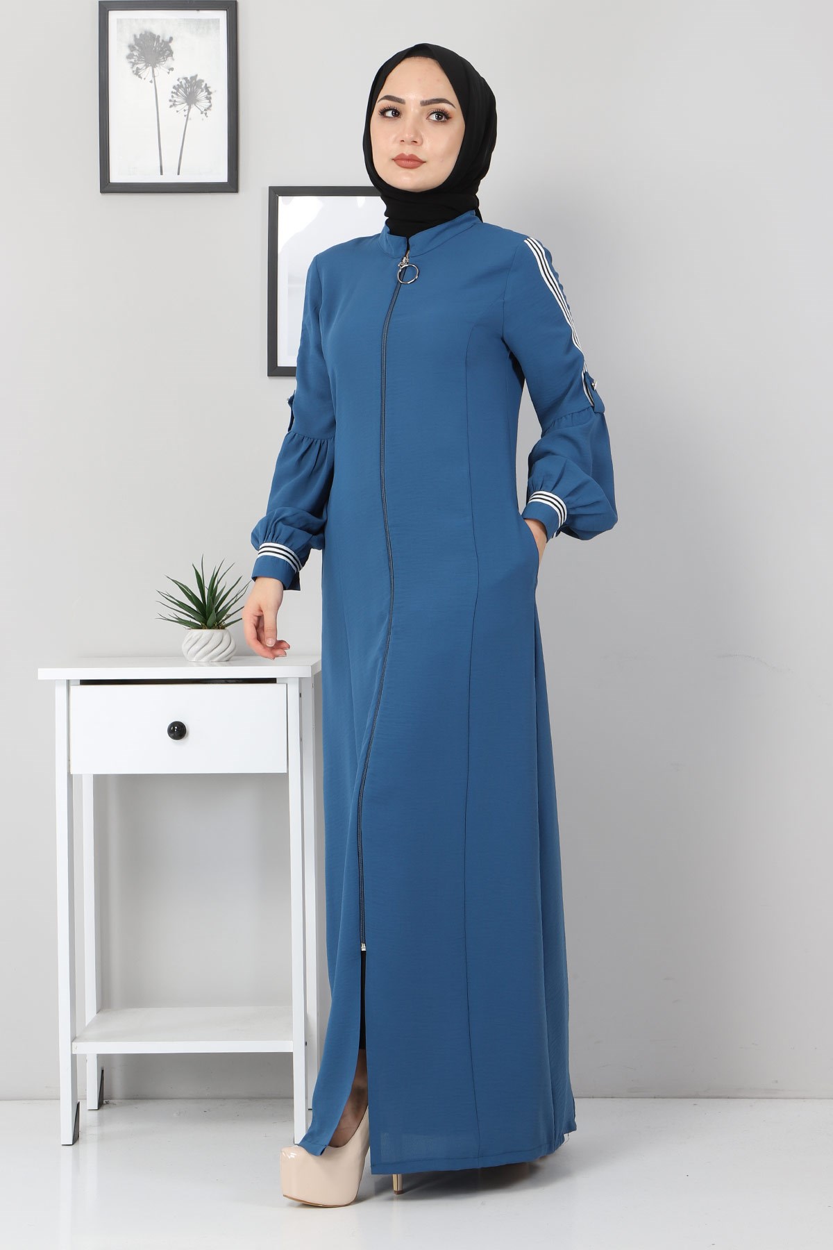 Şerit Detaylı Ferace İndigo 10810