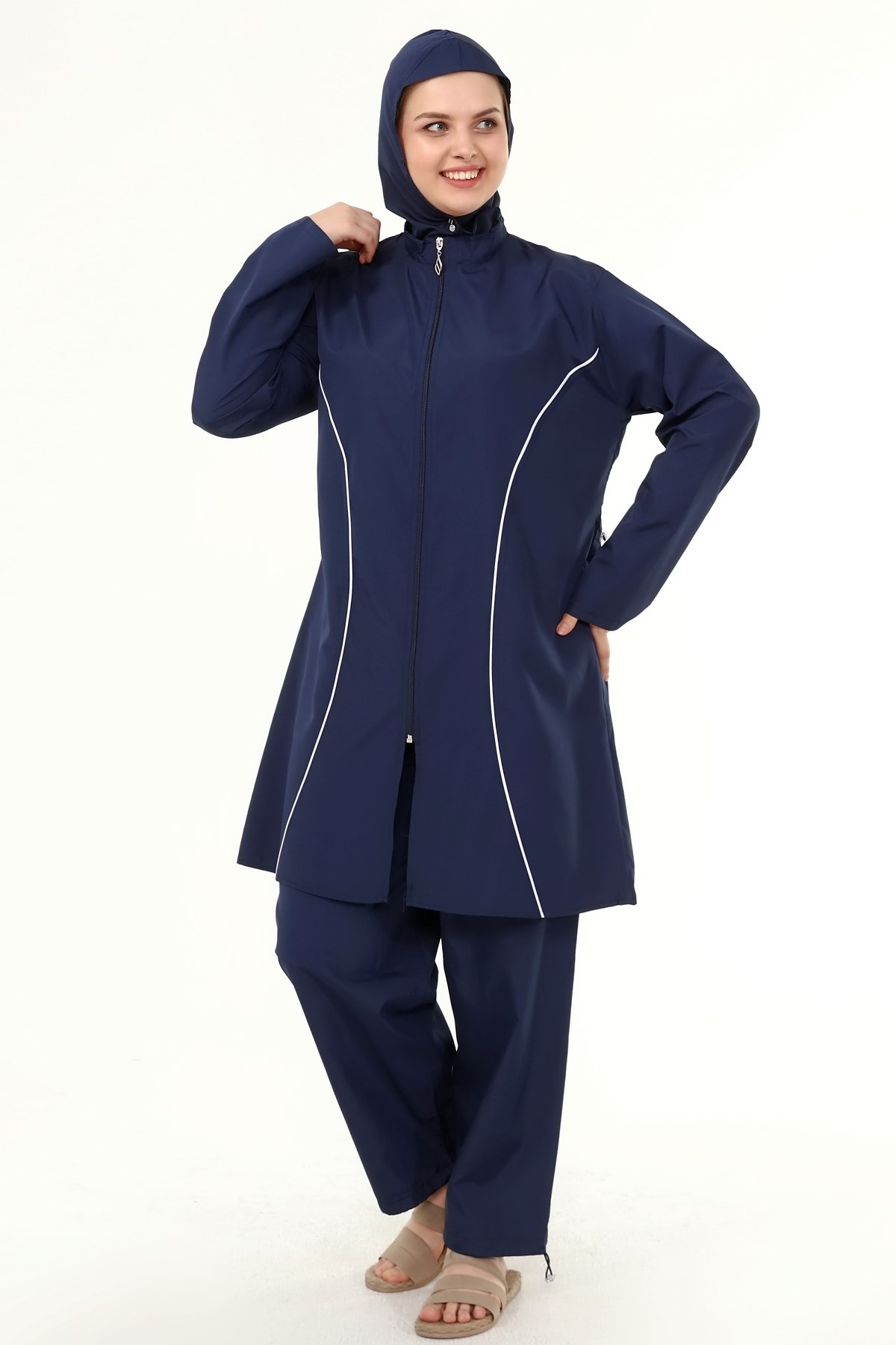 Şerit Detaylı Tesettür Mayo Lacivert 8507