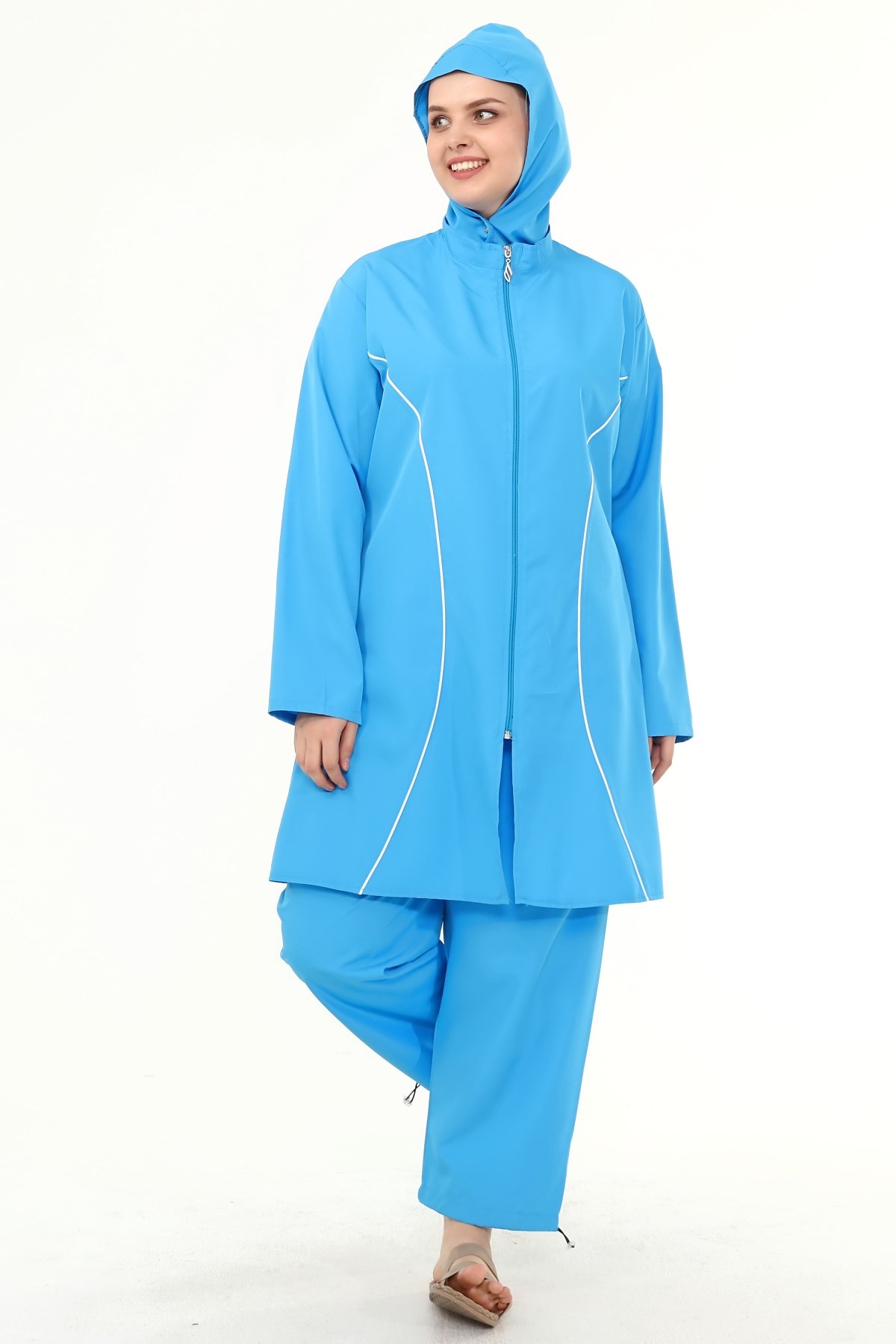 Şerit Detaylı Tesettür Mayo Mavi 8507