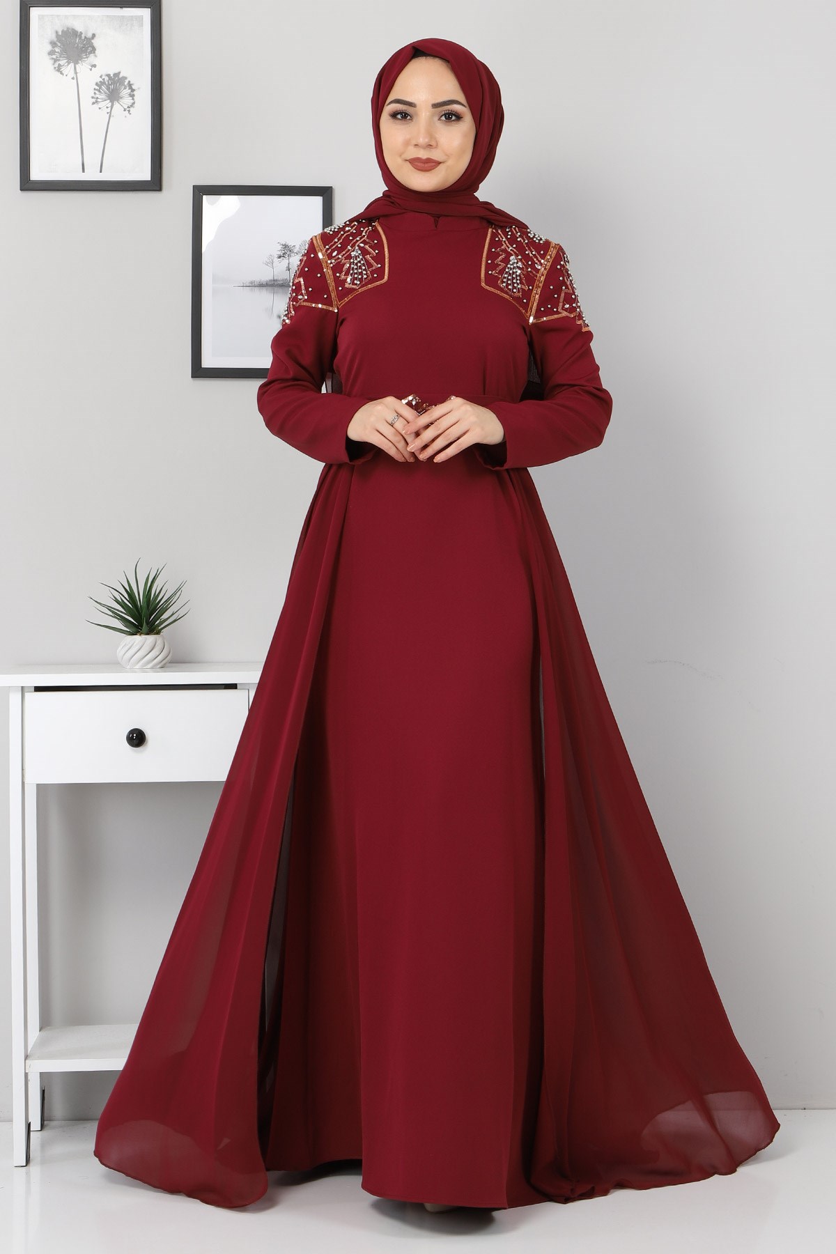 Şifon Detay İncili Abiye Bordo 9699