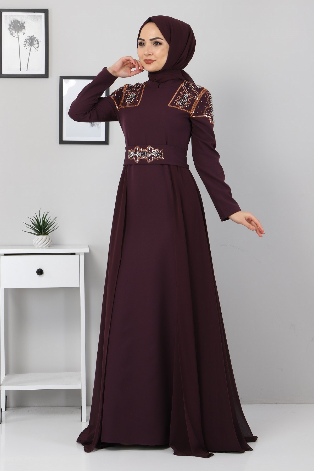 Şifon Detay İncili Abiye Mürdüm 9699