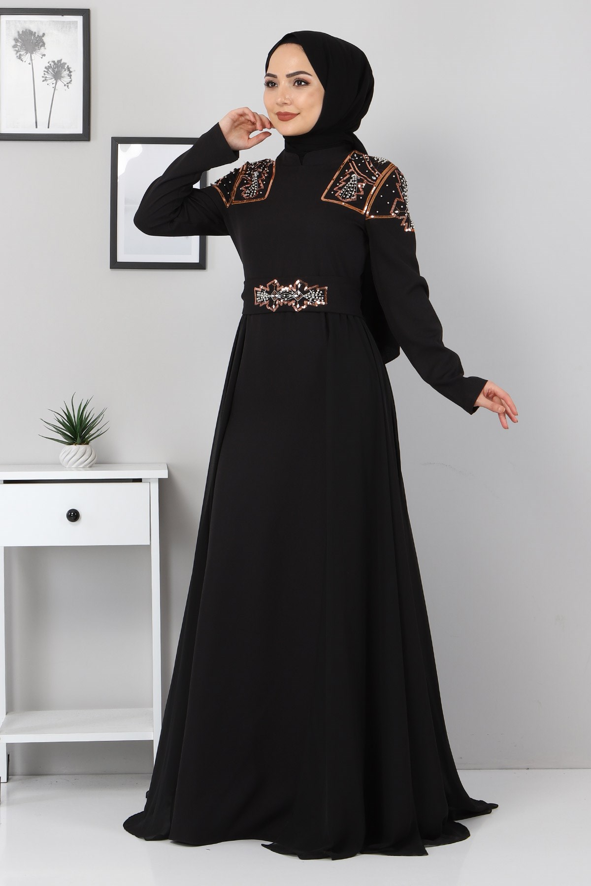 Şifon Detay İncili Abiye Siyah 9699