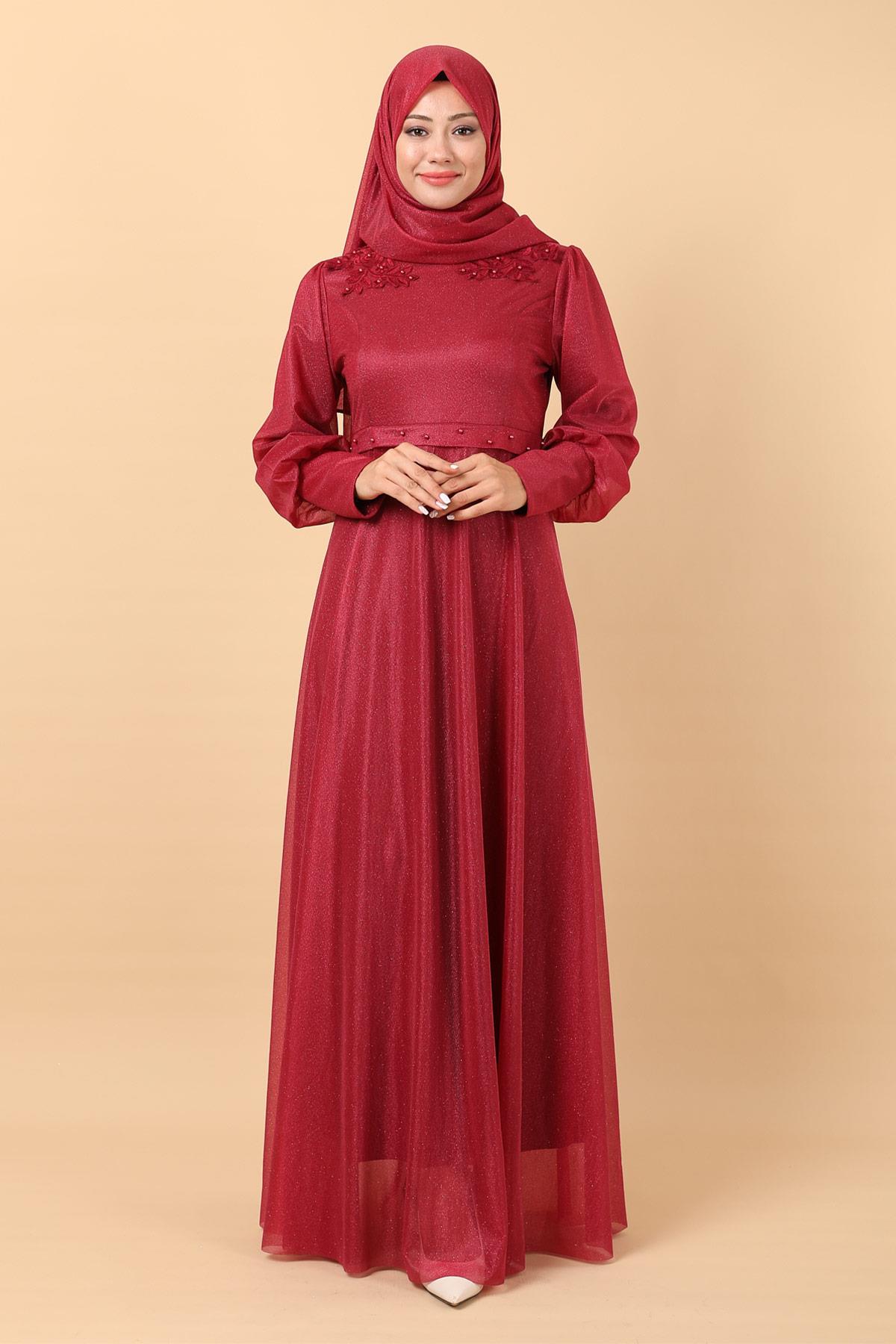 Simli Dantel Detaylı Abiye Bordo 12248
