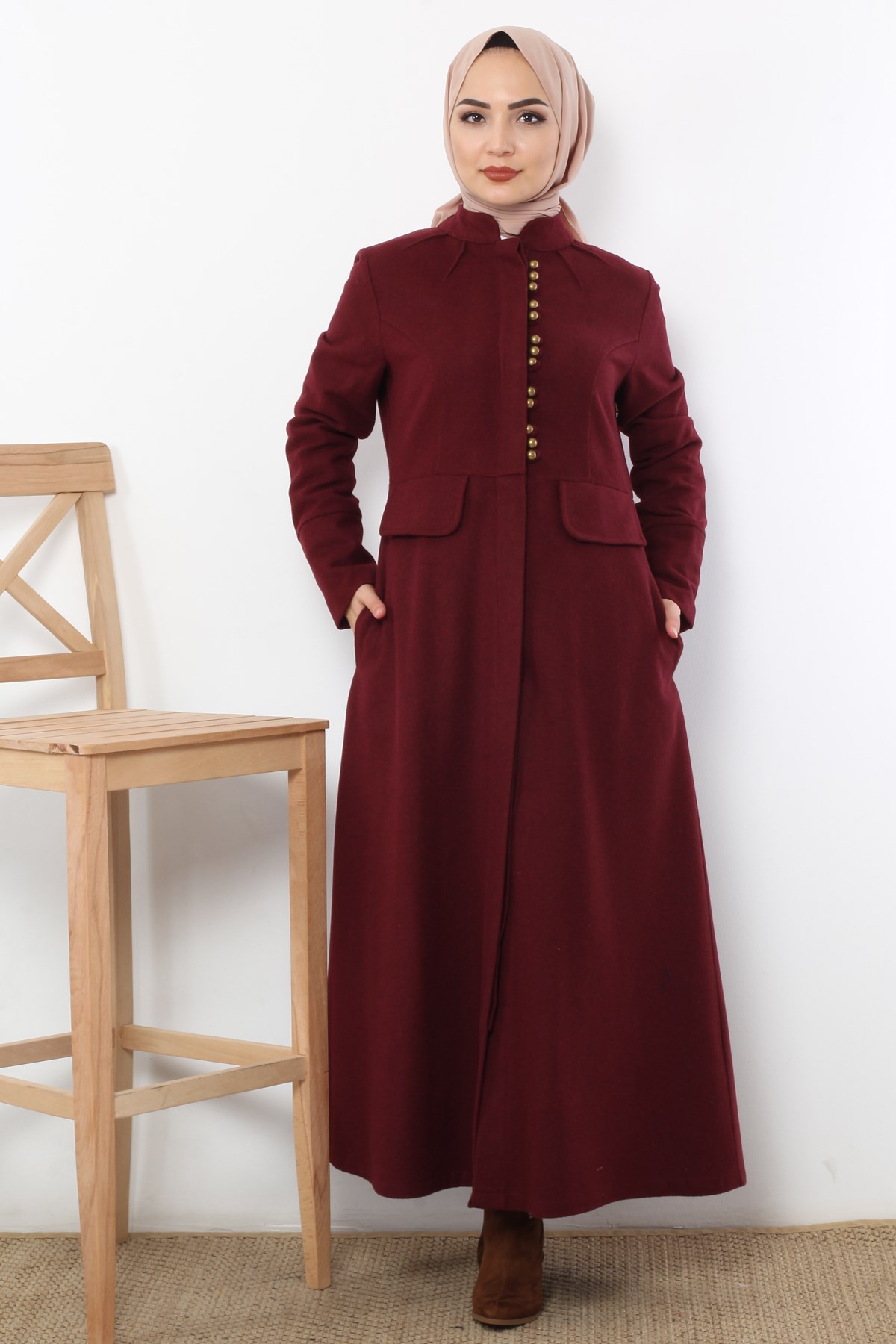 Süs Düğmeli Tesettür Kaşe Kaban Bordo Bordo 9614-4