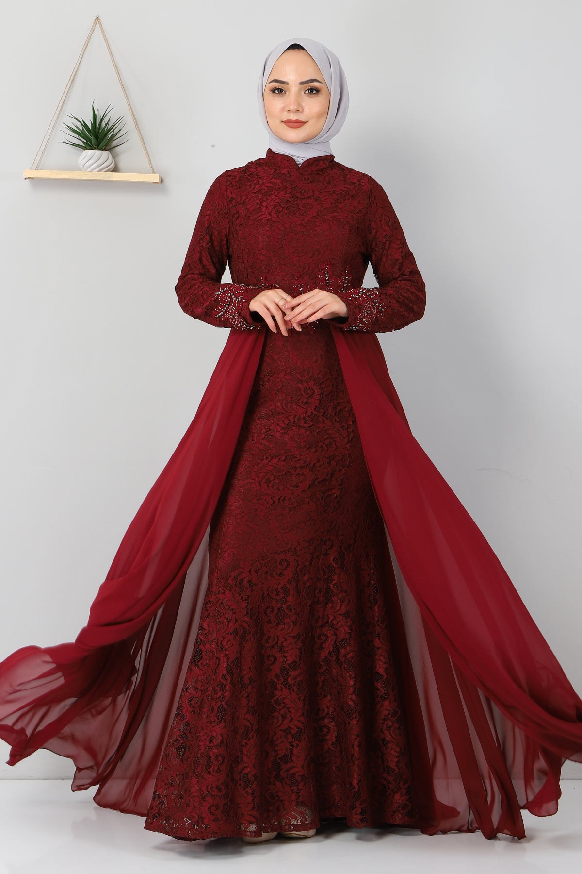 Taş Detaylı Balık Abiye Bordo 8855