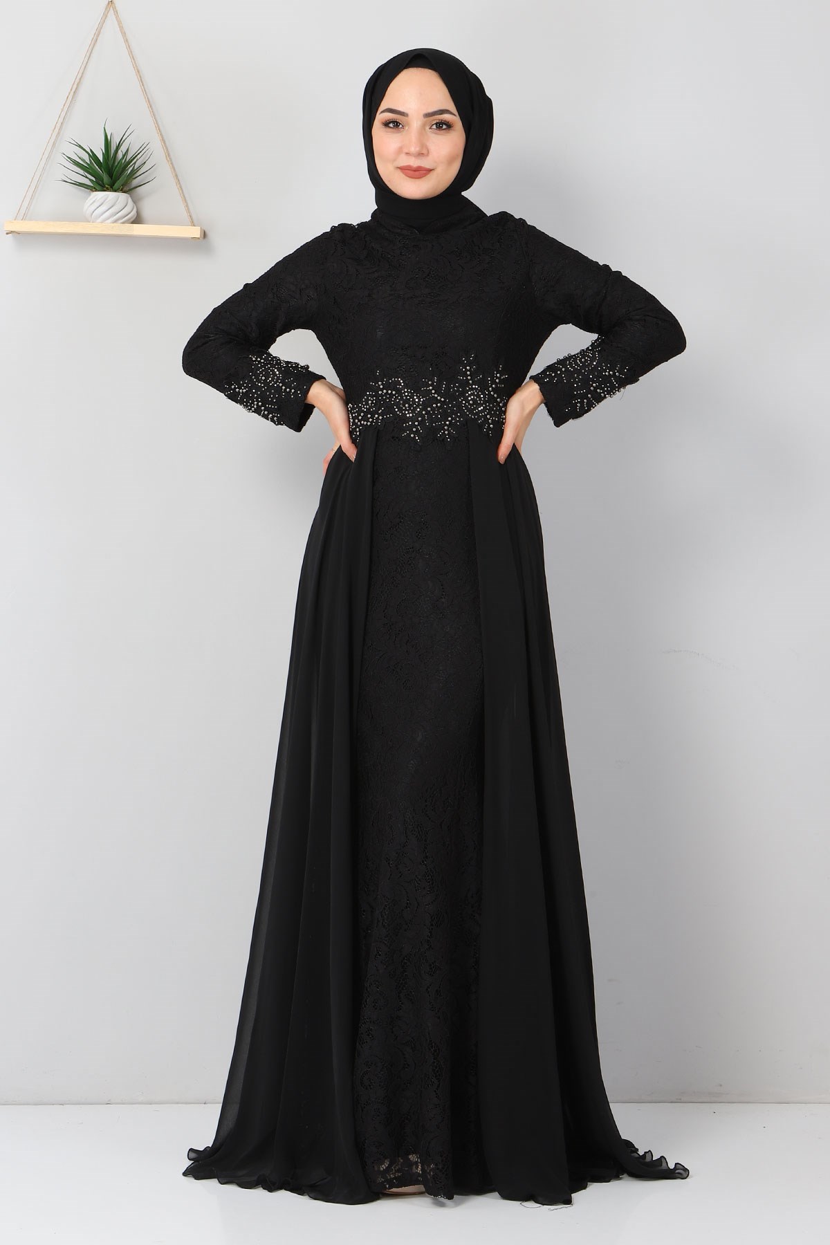 Taş Detaylı Balık Abiye Siyah 8855