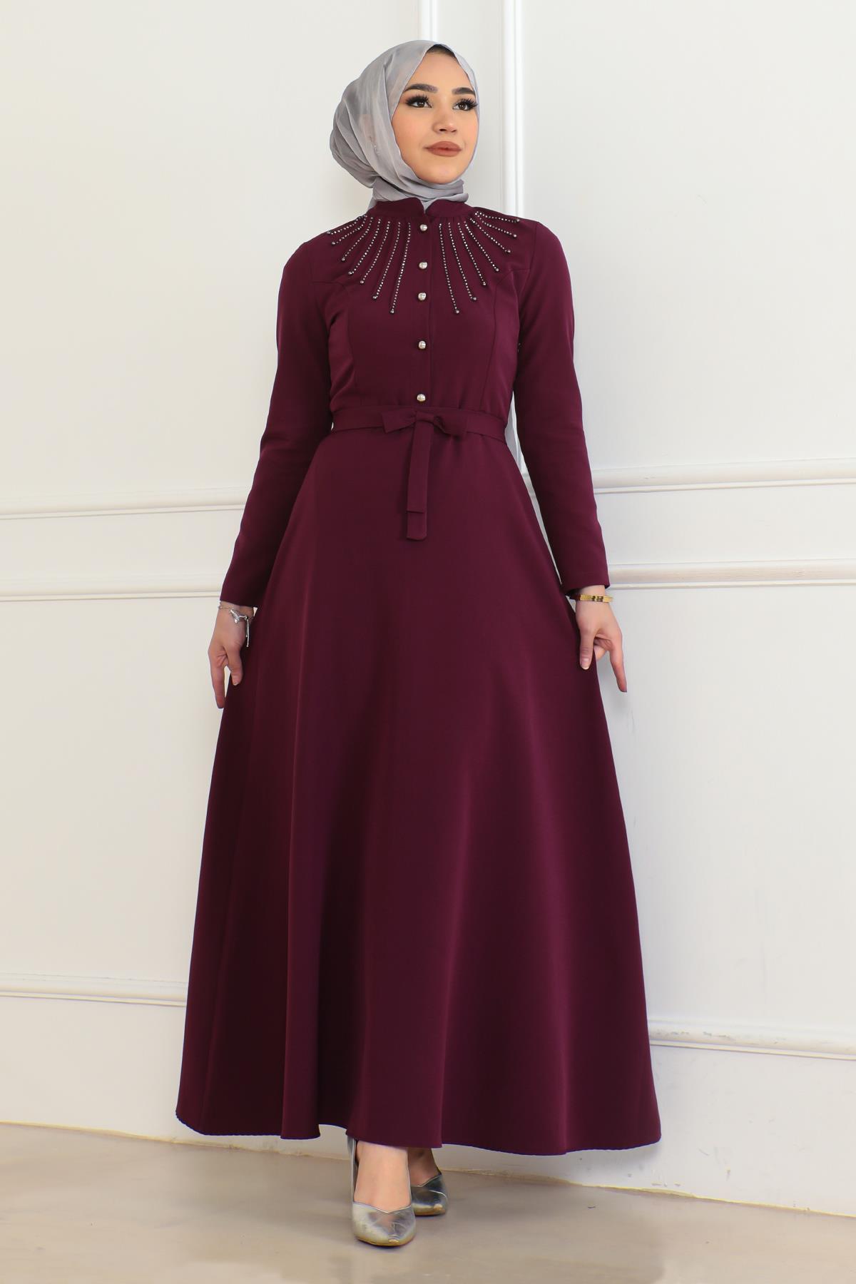 Taş Detaylı Elbise Mürdüm 6133
