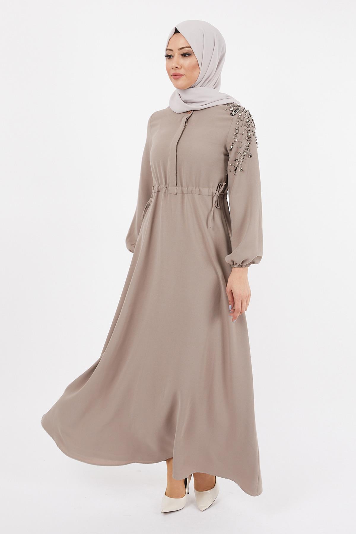 Taş Detaylı Elbise Vizon 12227