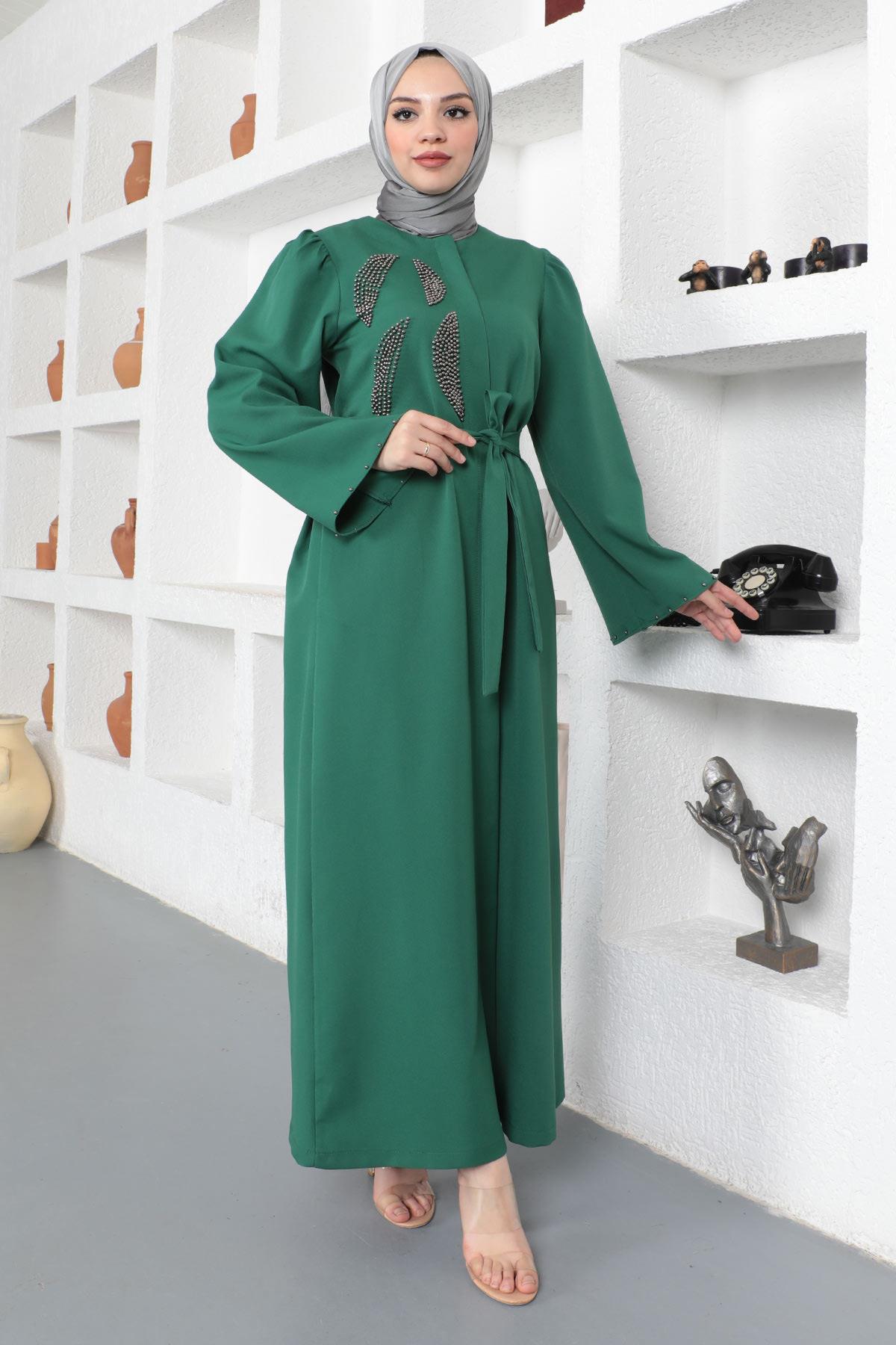 Taş Detaylı Ferace Zümrüt 19108