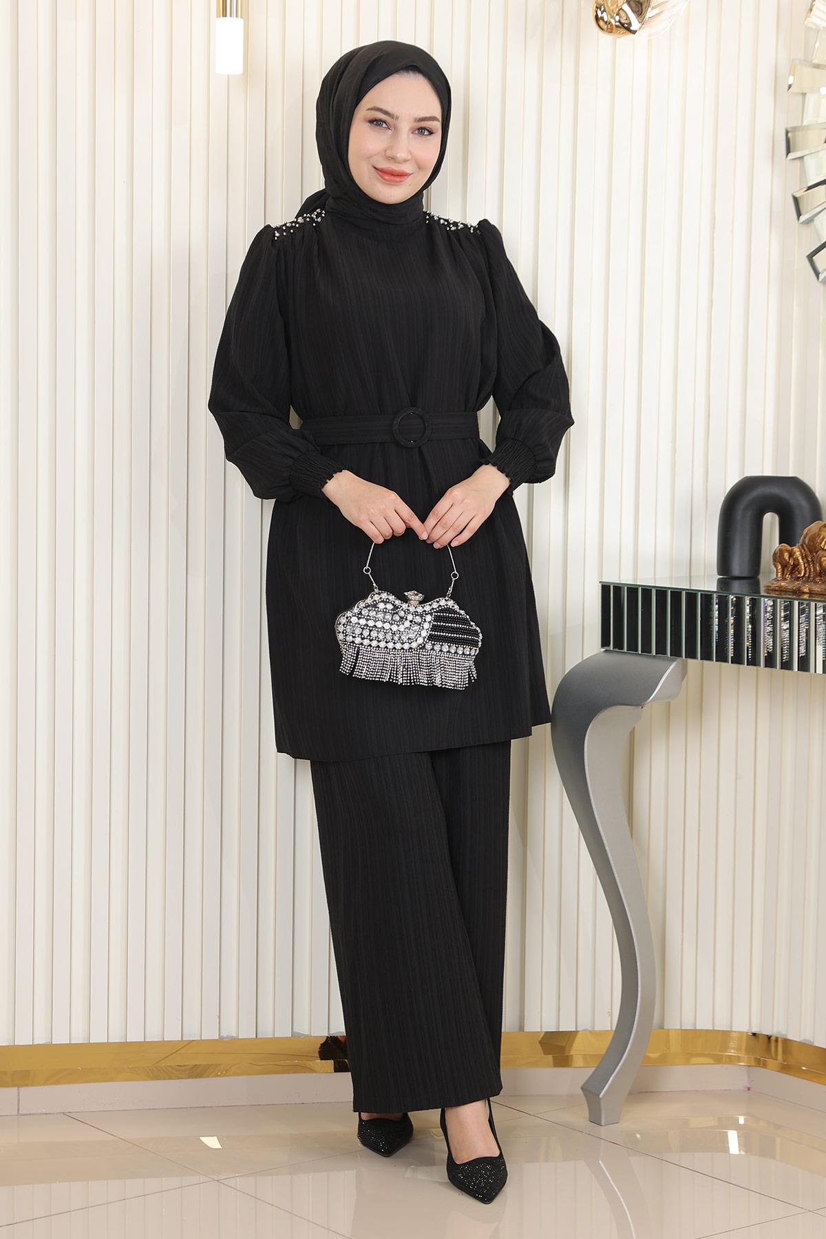 Taş Detaylı Kemerli Takım Siyah Siyah MSW19104-1