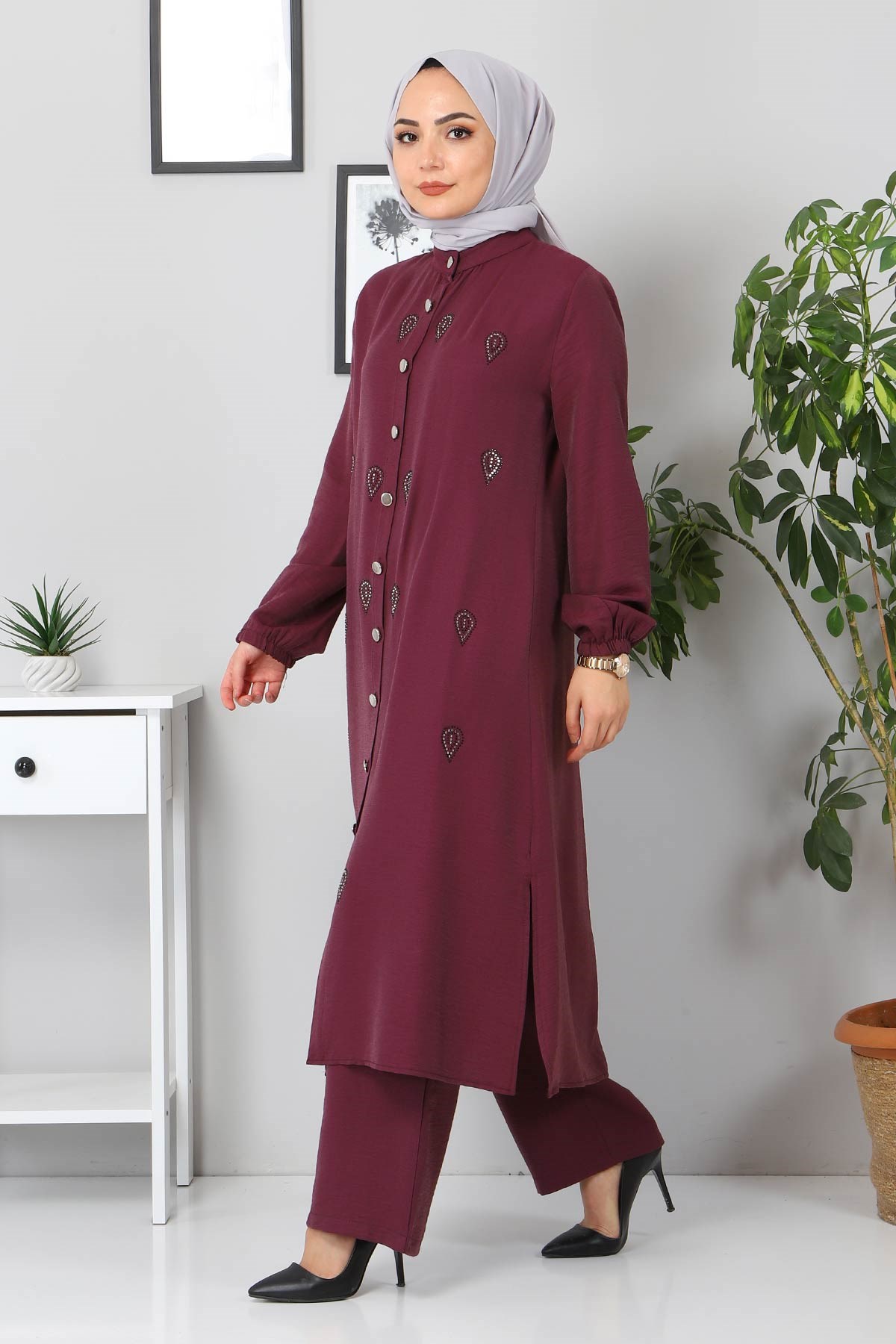 Taş Detaylı Kombin Mürdüm 10791