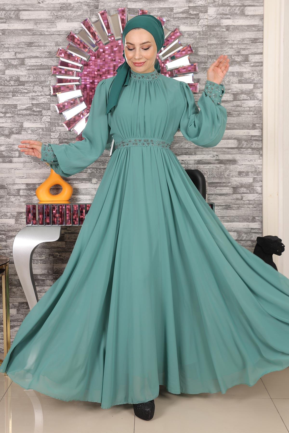 Taş Detaylı Şifon Abiye Mint 19109