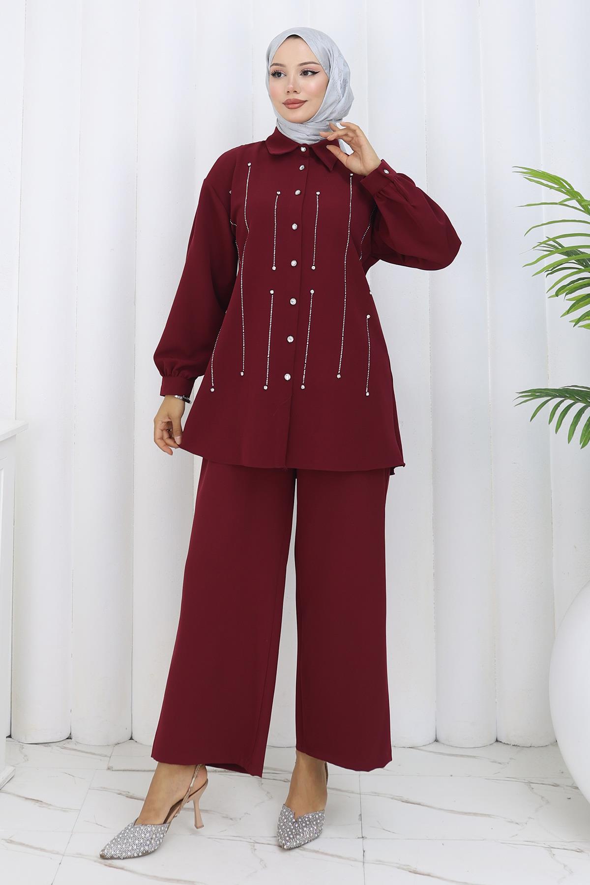 Taş Detaylı Takım Bordo Bordo 19266