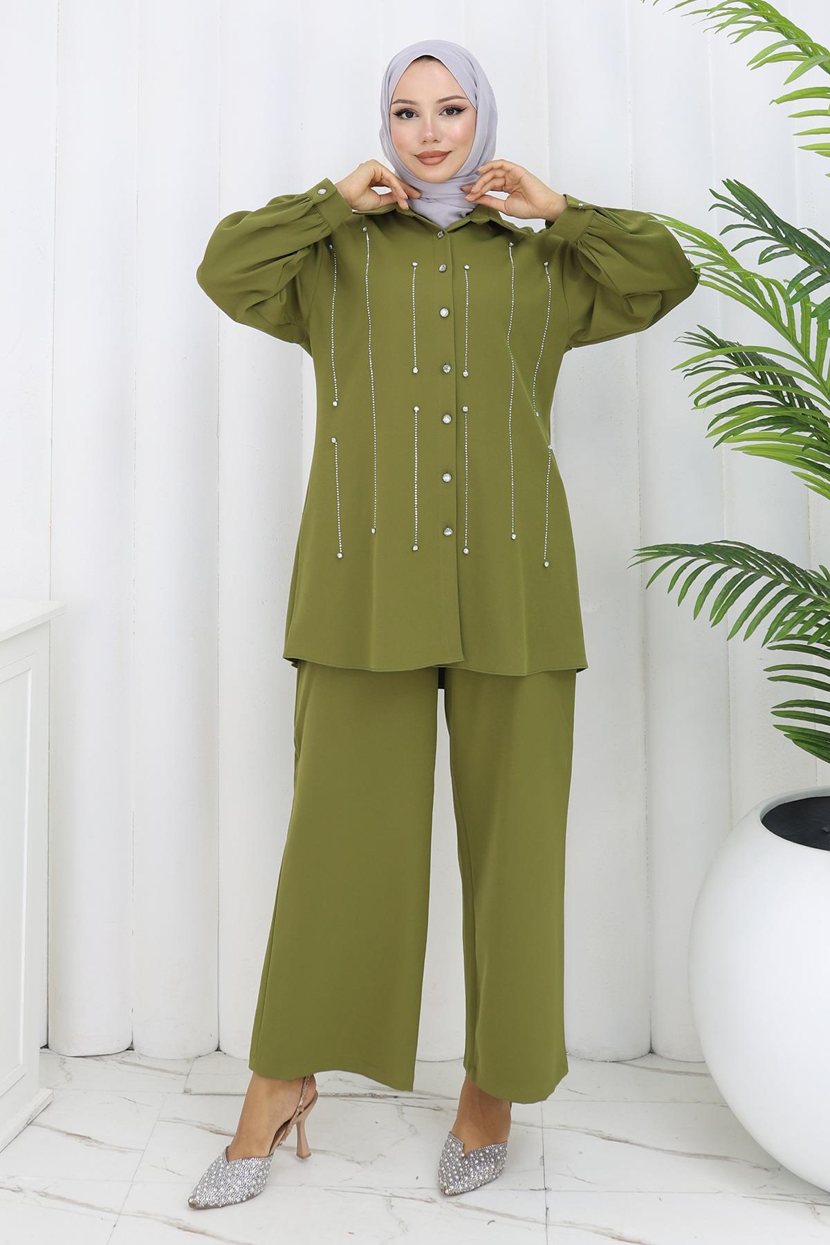 Taş Detaylı Takım Haki Haki 19266