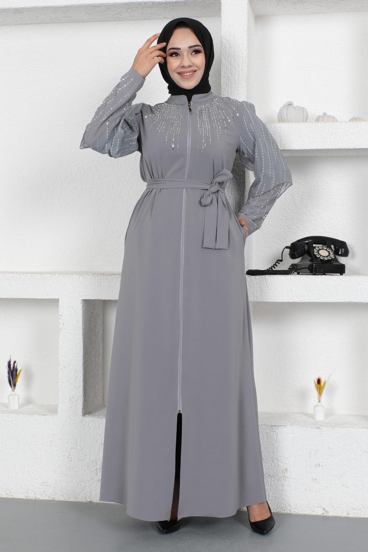 Taş İnci Çakımlı Ferace Gri 12245