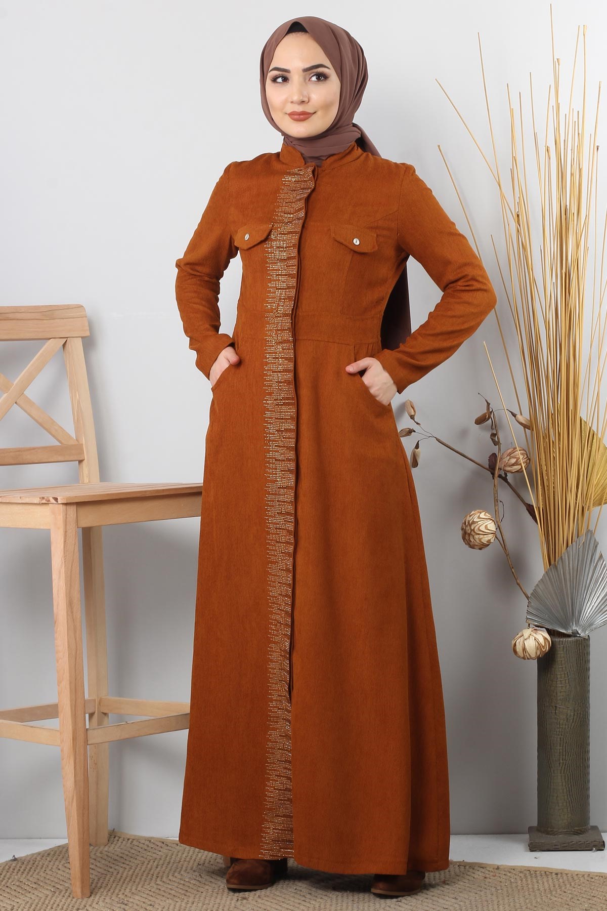 Taş Sıralı Tesettür Ferace Taba 10425