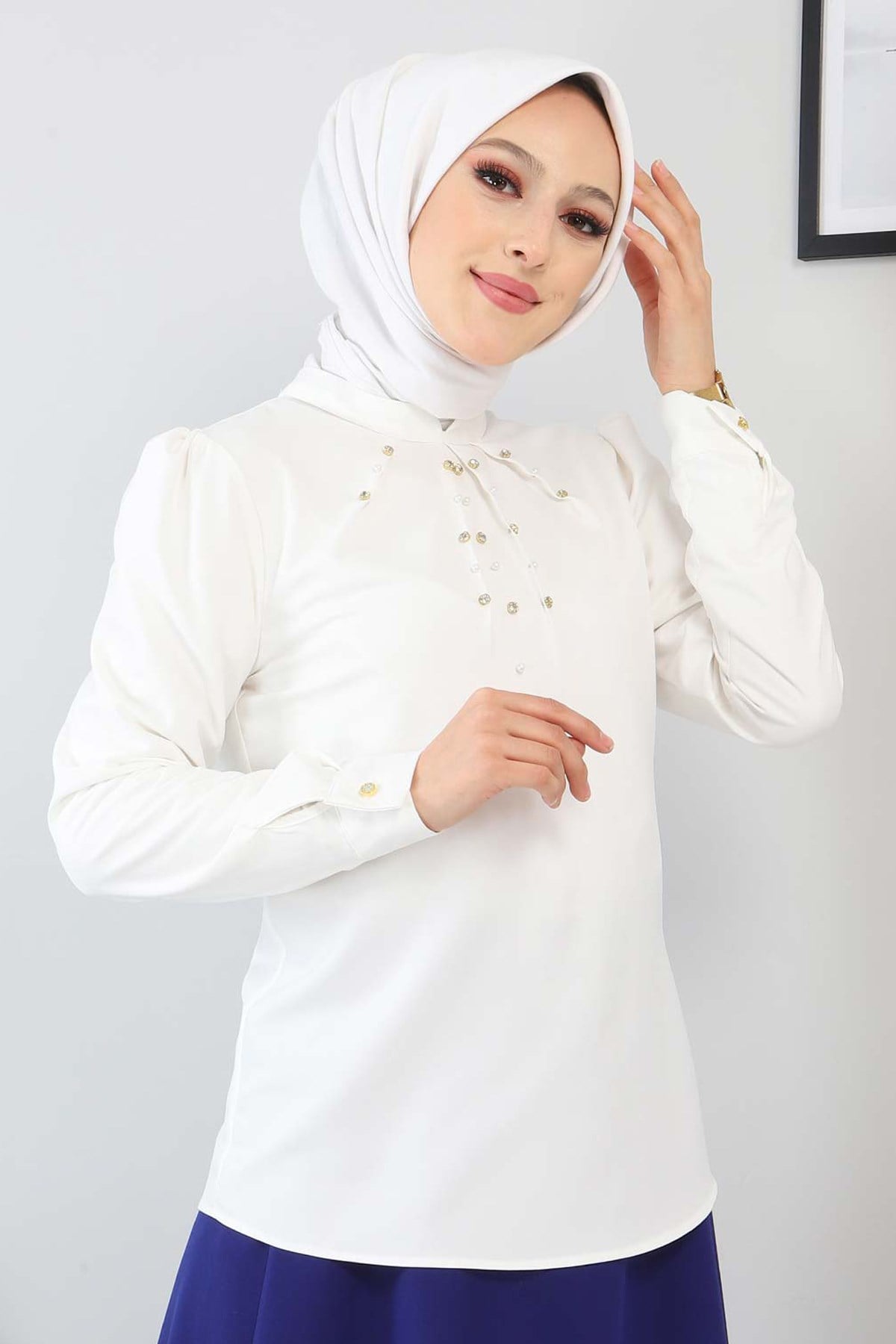 Taşlı İncili Bluz Beyaz 12600