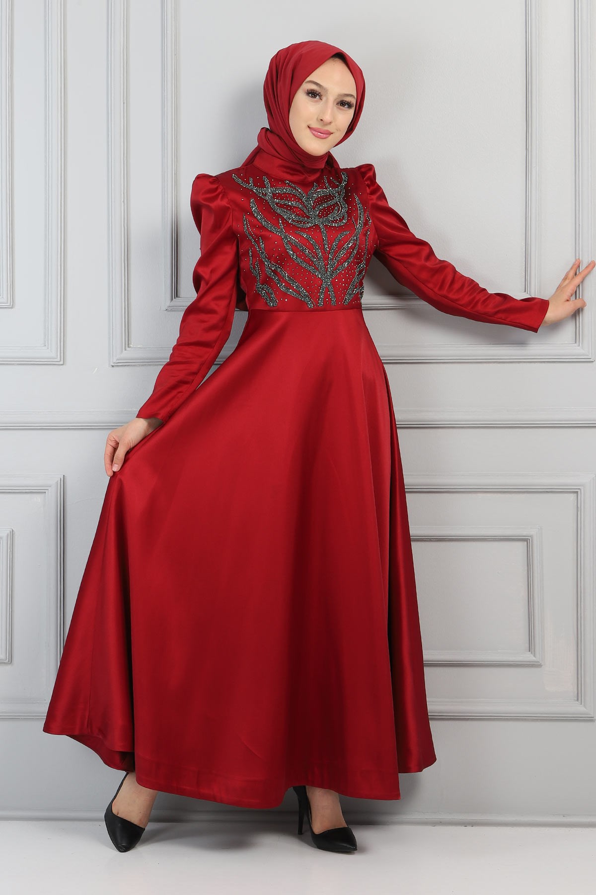 Taşlı Saten Abiye Bordo 11401