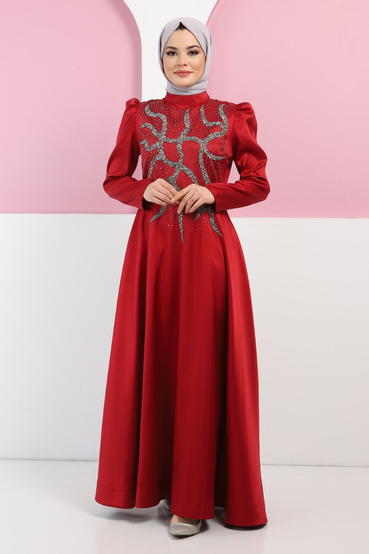 Taşlı Saten Abiye Bordo 11402