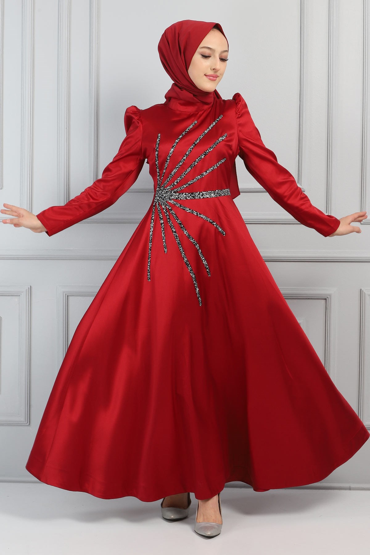 Taşlı Saten Abiye Bordo 11501