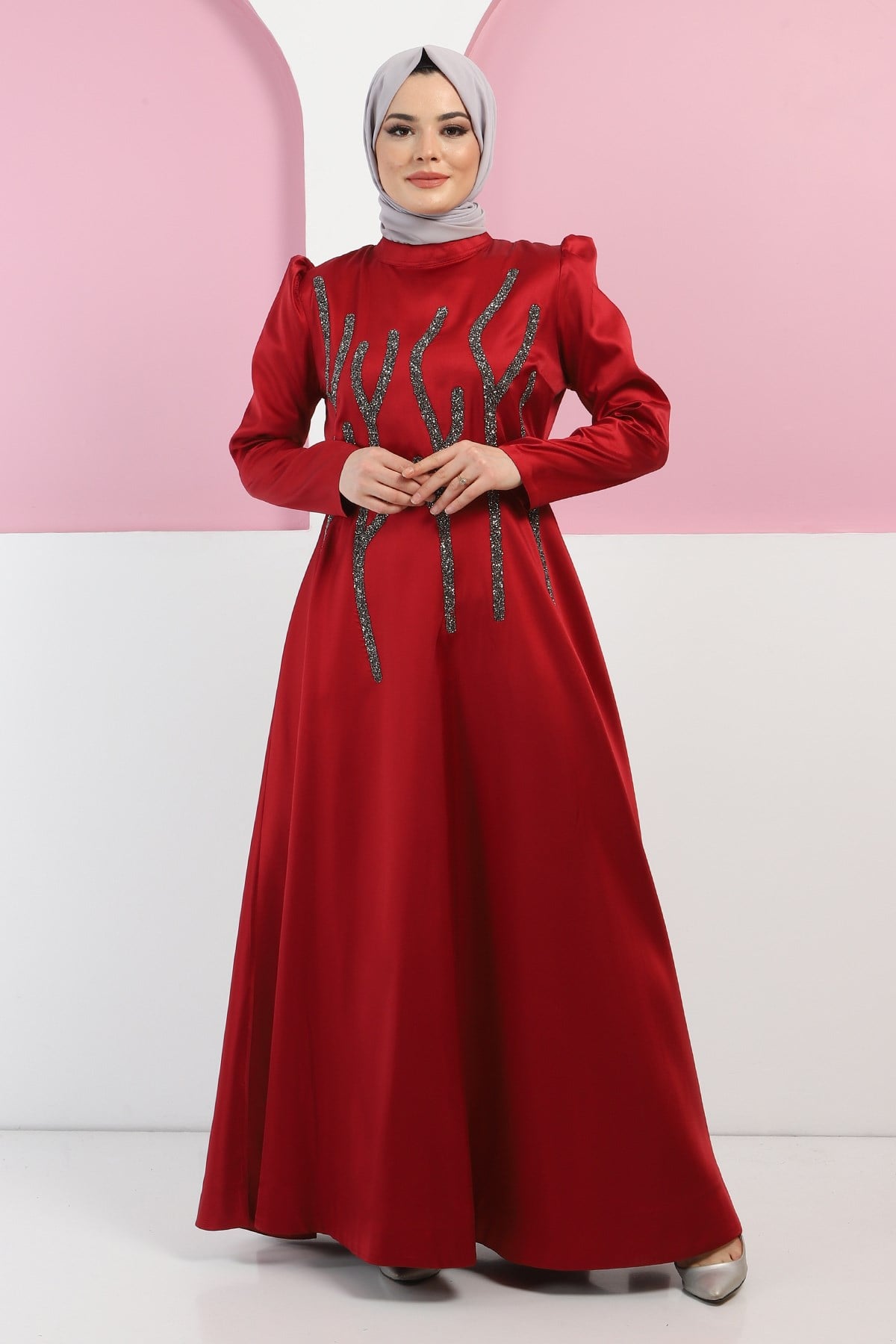 Taşlı Saten Abiye Bordo 11502
