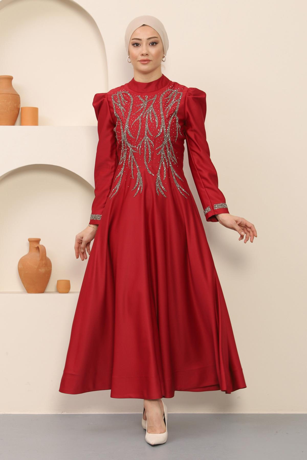 Taşlı Saten Abiye Bordo 12247