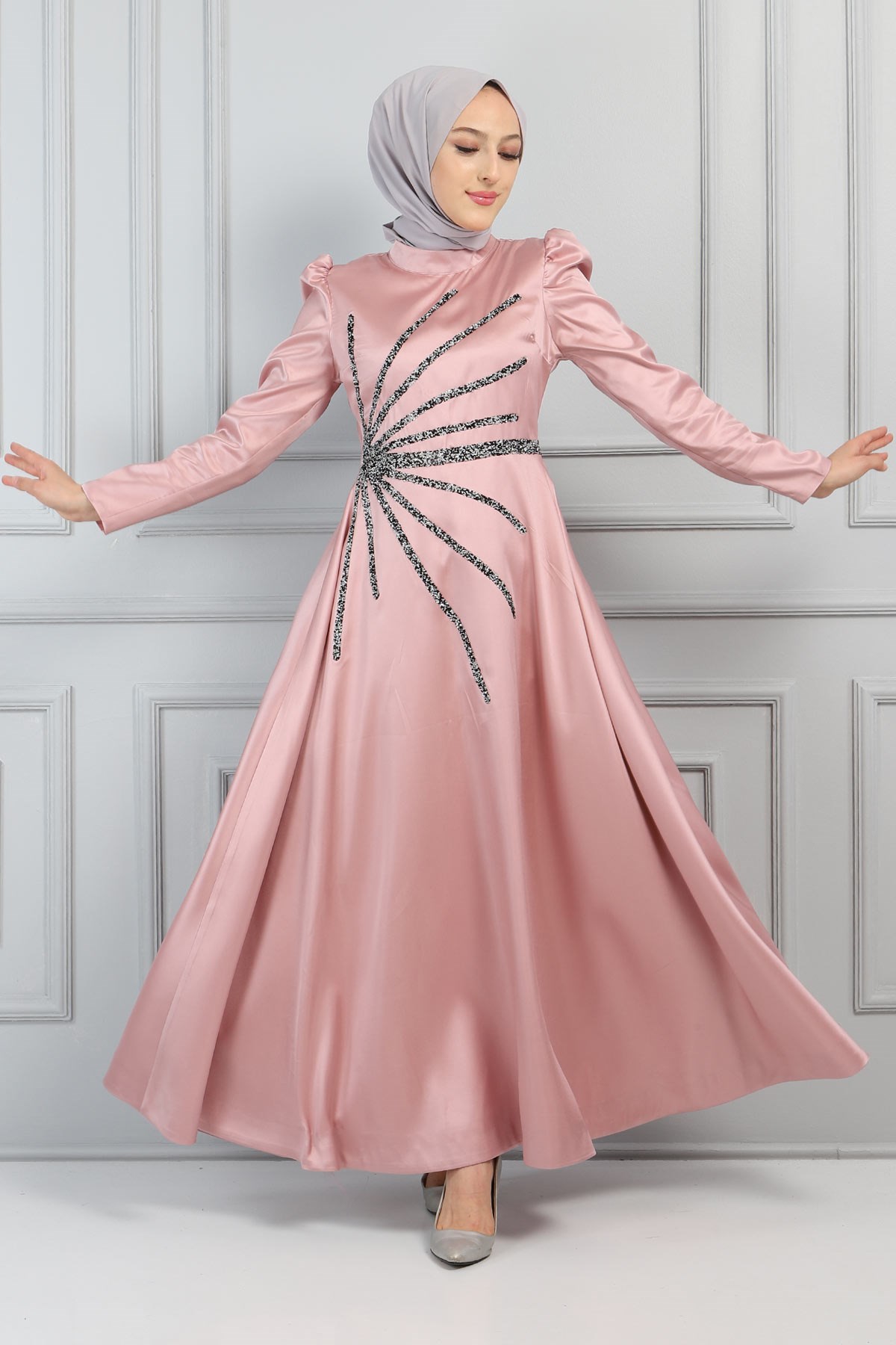 Taşlı Saten Abiye Gül Kurusu 11501