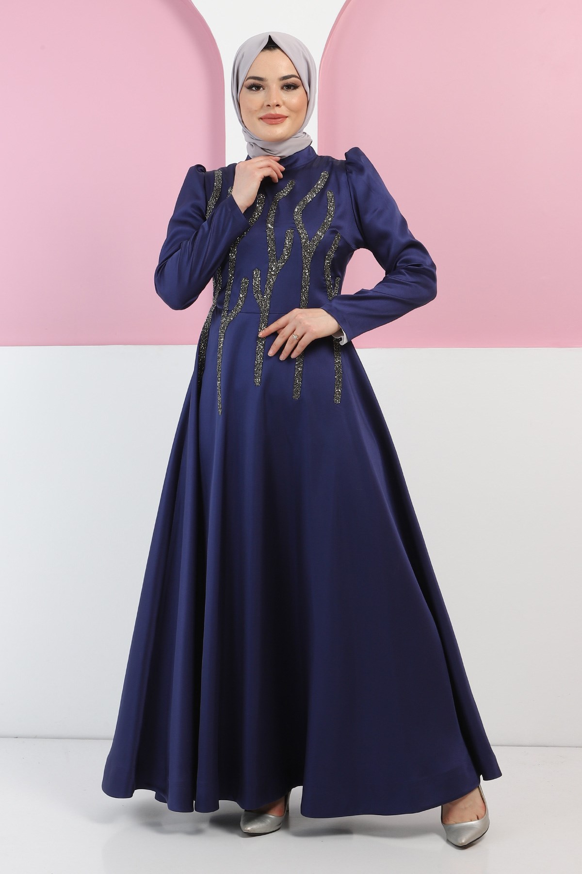Taşlı Saten Abiye İndigo 11502