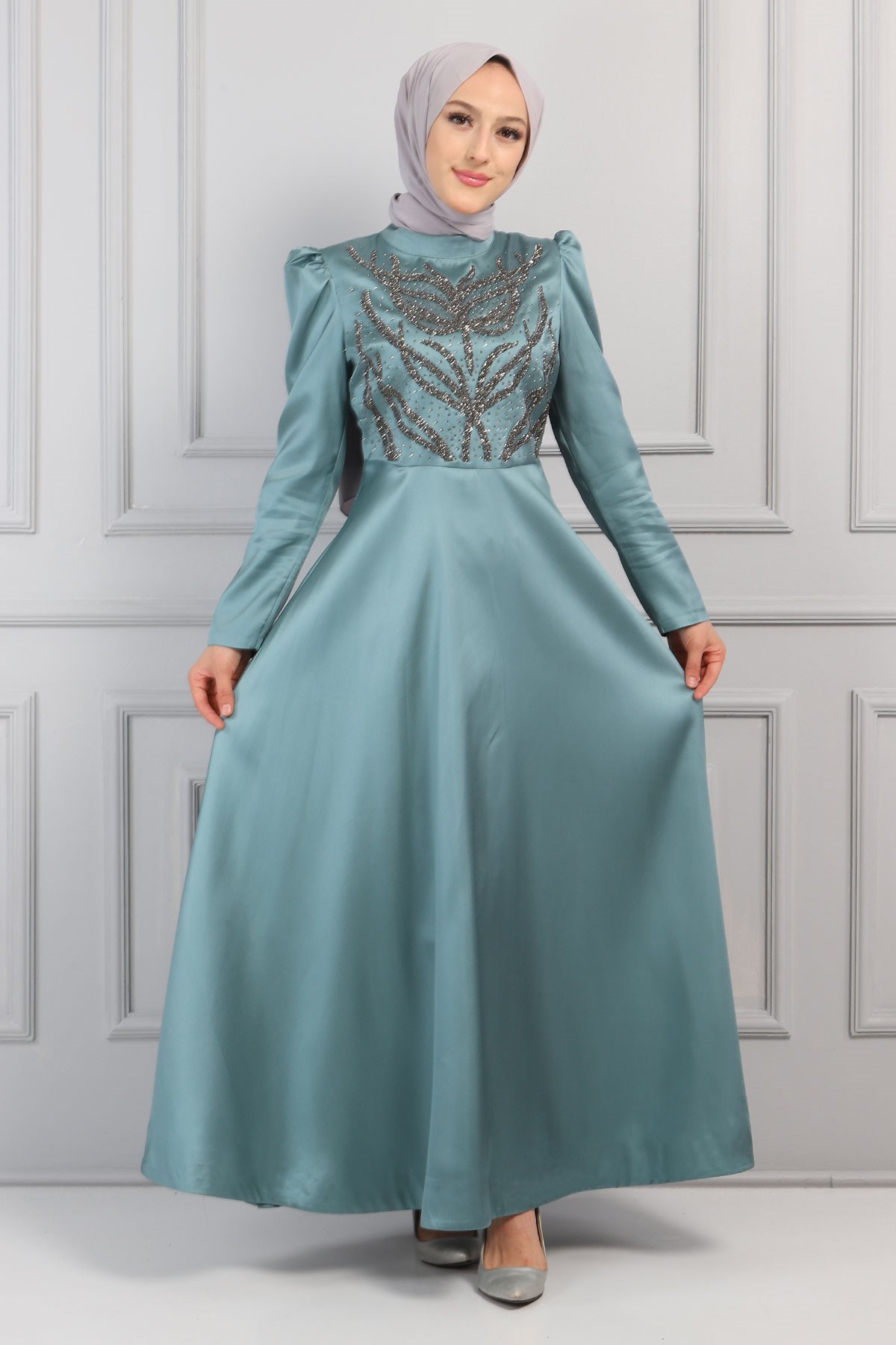 Taşlı Saten Abiye Mint 11401