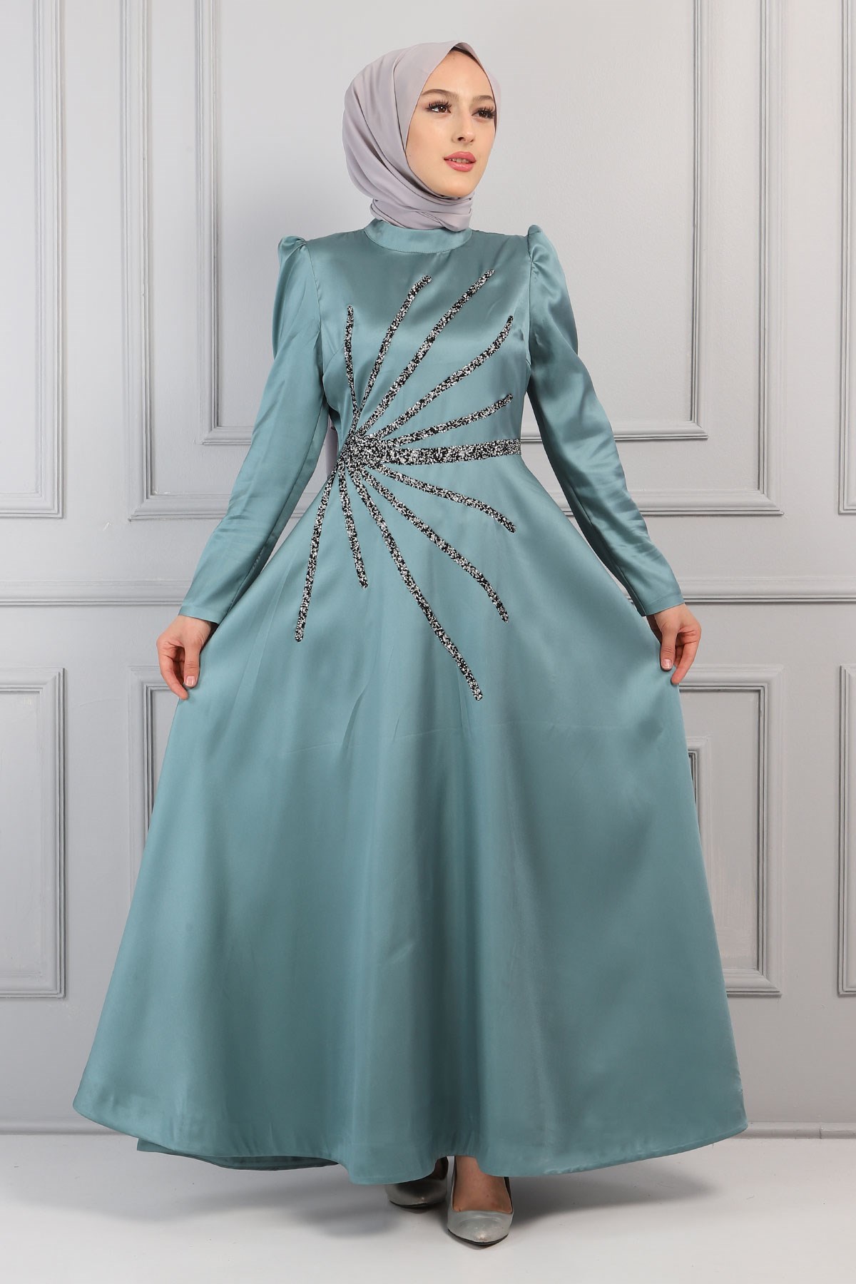 Taşlı Saten Abiye Mint 11501