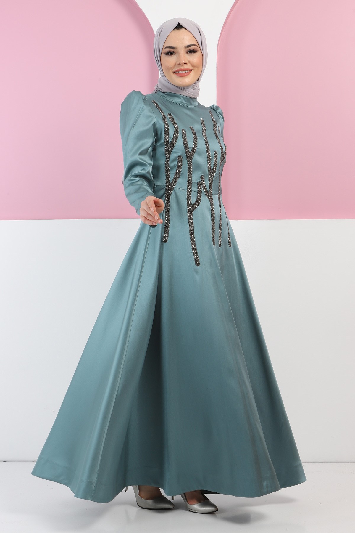 Taşlı Saten Abiye Mint 11502